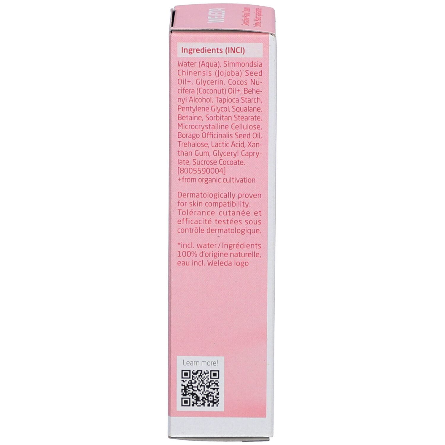 Achterkant van de doos. Ingrediënten, meertalige tekst, QR-code, logo.