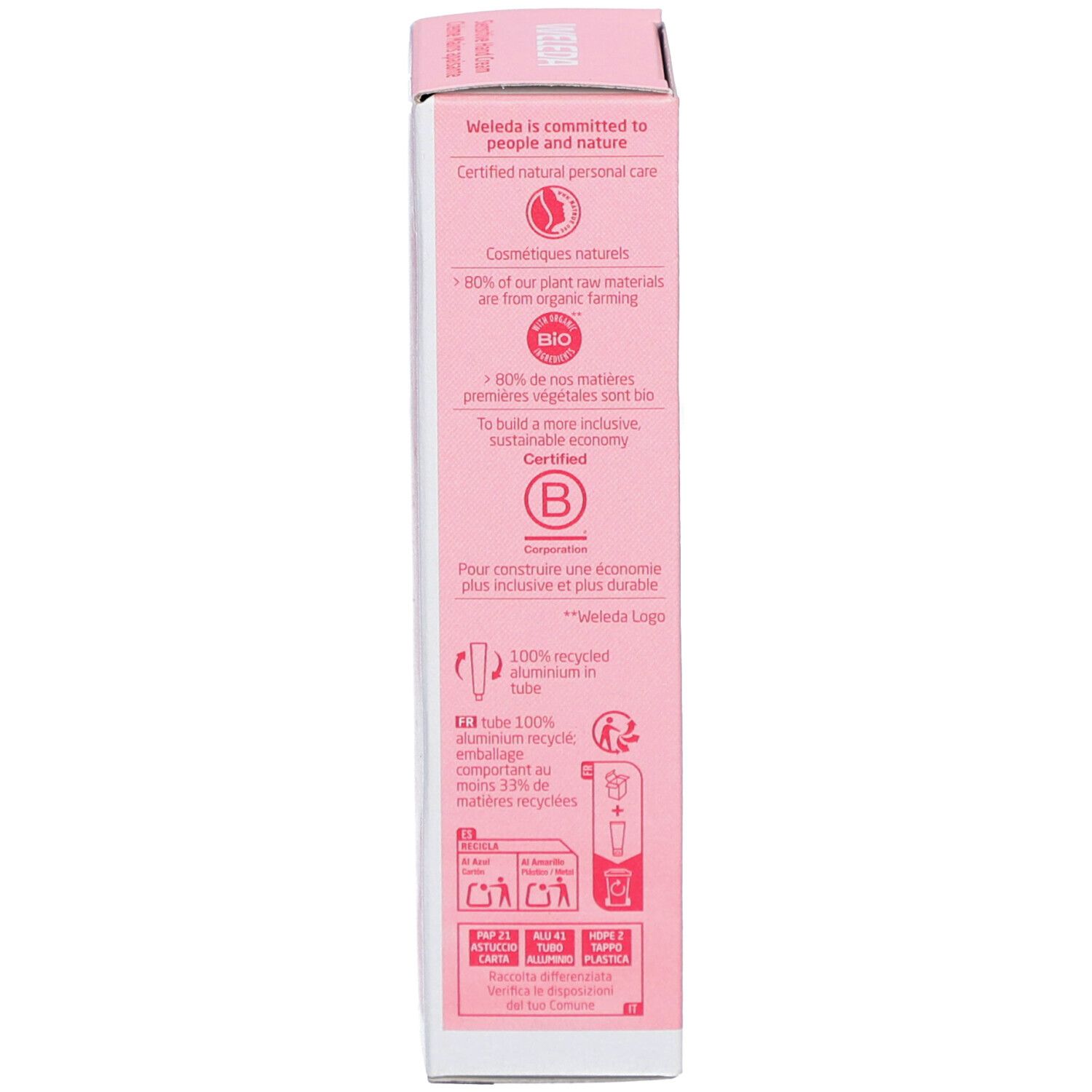 Zijkant van de doos. Certificeringen, recycling informatie, logo.