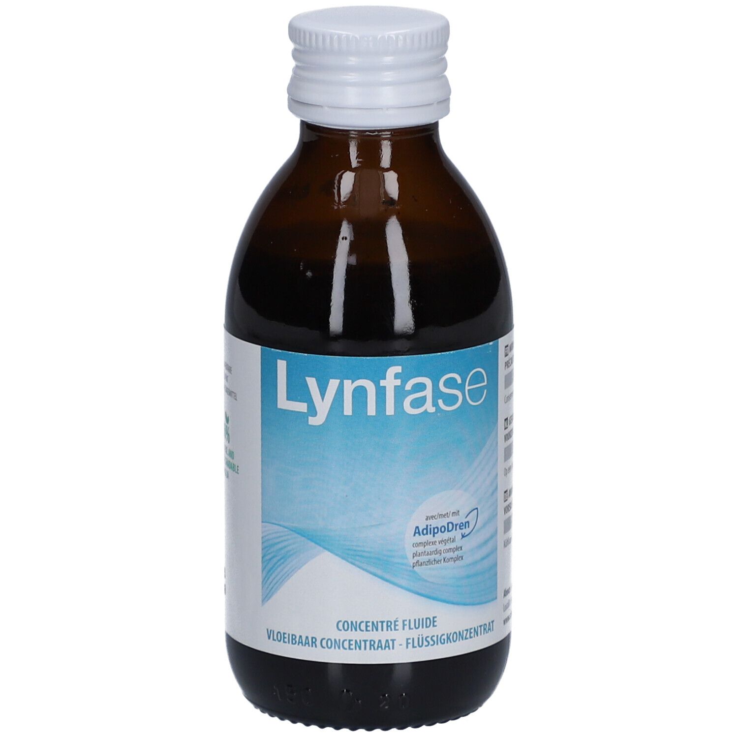 Braune Glasflasche mit weißem Deckel. Etikett mit "Lynfase" und "Concentré Fluide".