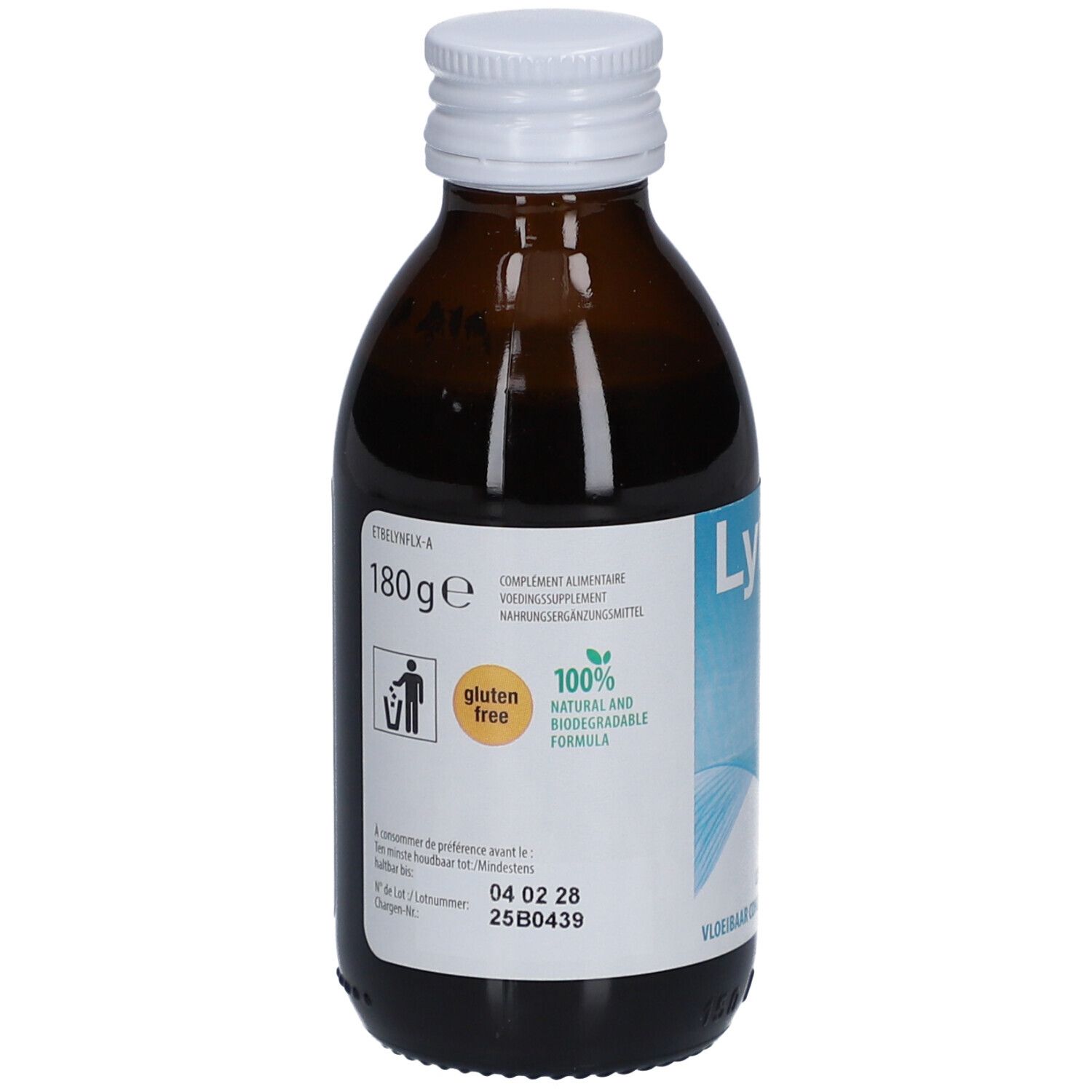 Braune Glasflasche mit weißem Deckel. Etikett mit "Lynfase", "Gluten free" und "100% Natural".