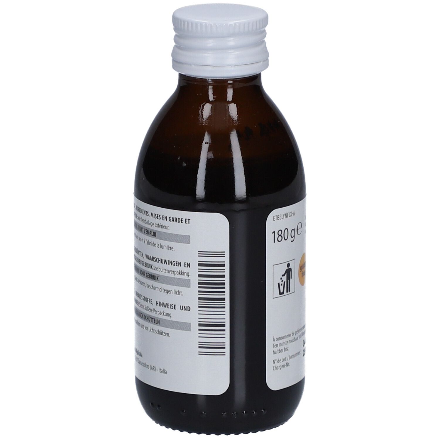 Braune Glasflasche mit weißem Deckel. Rückseite mit Informationen und Barcode.