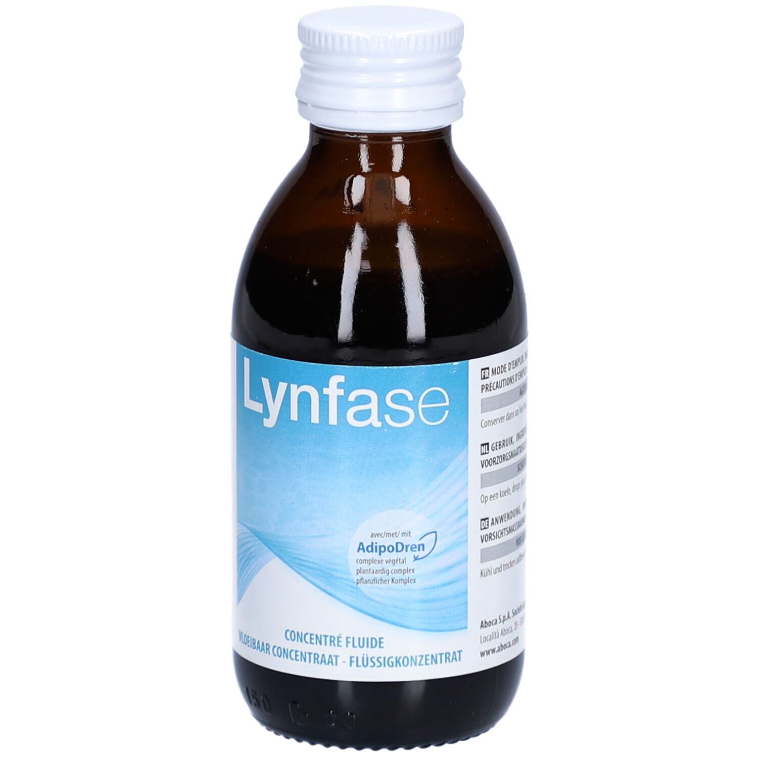 Braune Glasflasche mit weißem Deckel. Etikett mit "Lynfase" und "Concentré Fluide".