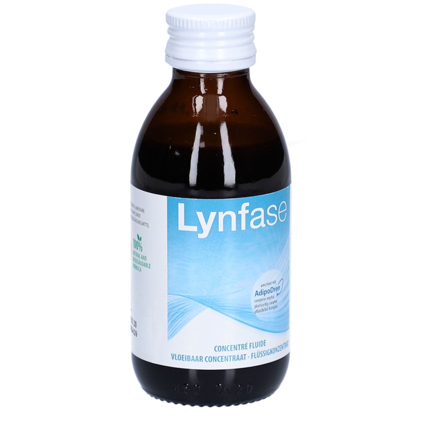 Braune Glasflasche mit weißem Deckel. Etikett mit "Lynfase", "100% Natural" und Logo.