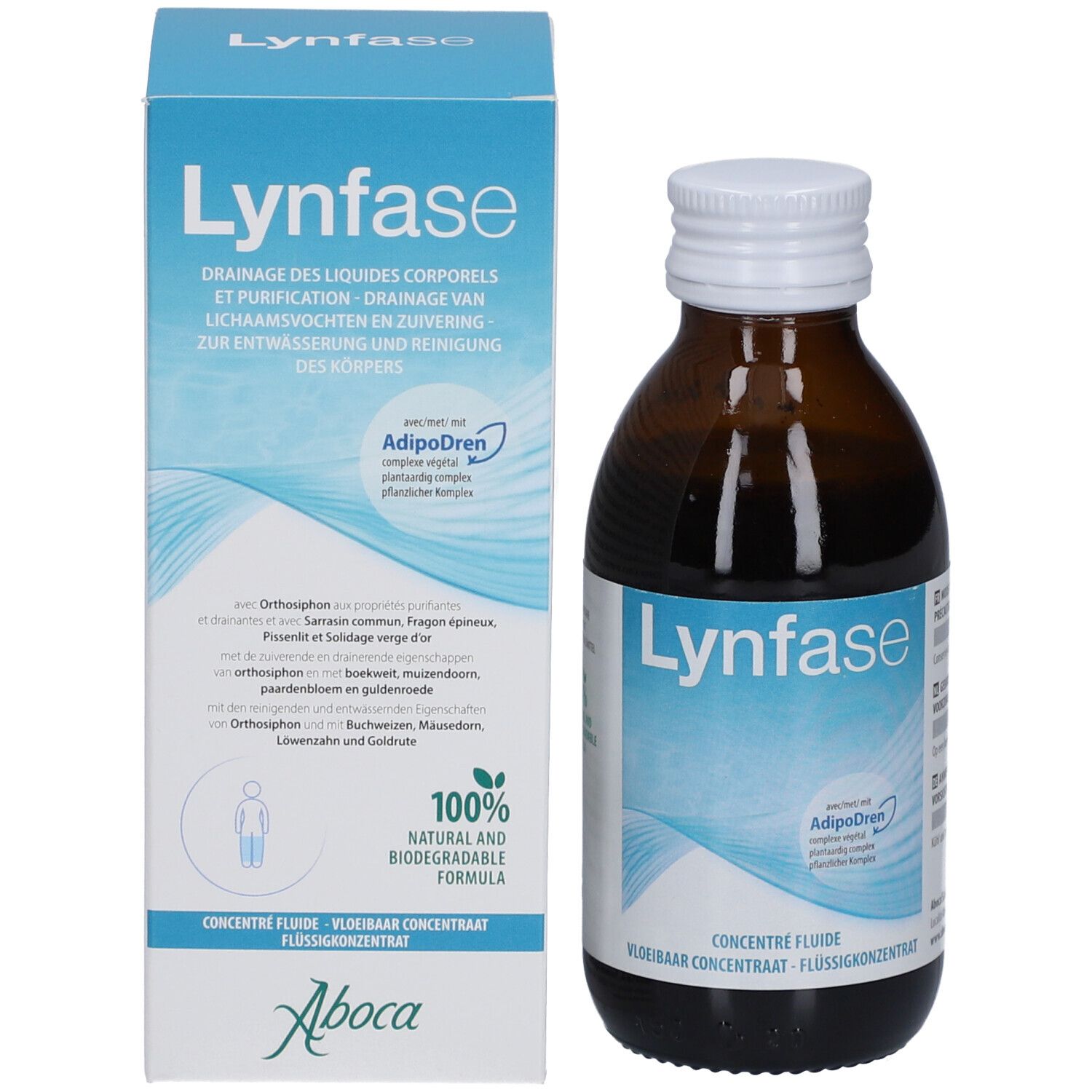 Produktverpackung mit Flasche. Aufschrift "Lynfase" und Inhaltsstoffe. Mit Logo.