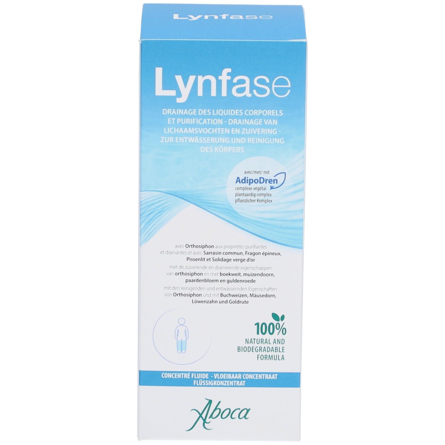 Produktverpackung mit Flasche. Aufschrift "Lynfase" und Inhaltsstoffe. Mit Logo.
