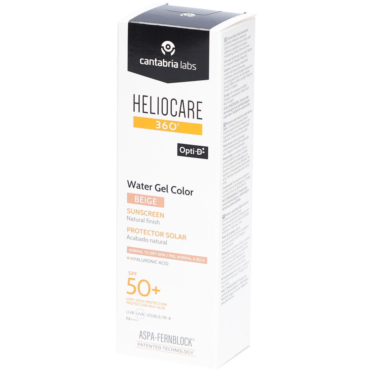 Heliocare 360° Water Gel Color Beige SPF50+ Verpackung. Weißer Karton mit Produktinformationen und Logo.