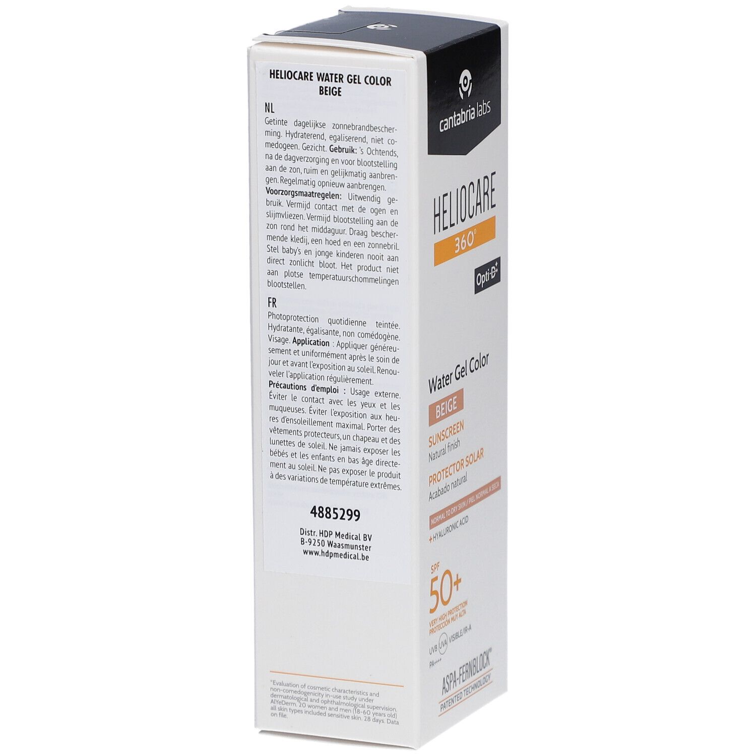 Rückseite der Heliocare 360° Water Gel Color Beige SPF50+ Verpackung. Text in mehreren Sprachen.