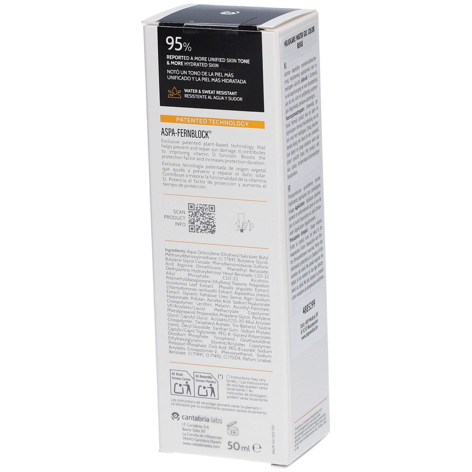 Seite der Heliocare 360° Water Gel Color Beige SPF50+ Verpackung. Text und QR-Code.