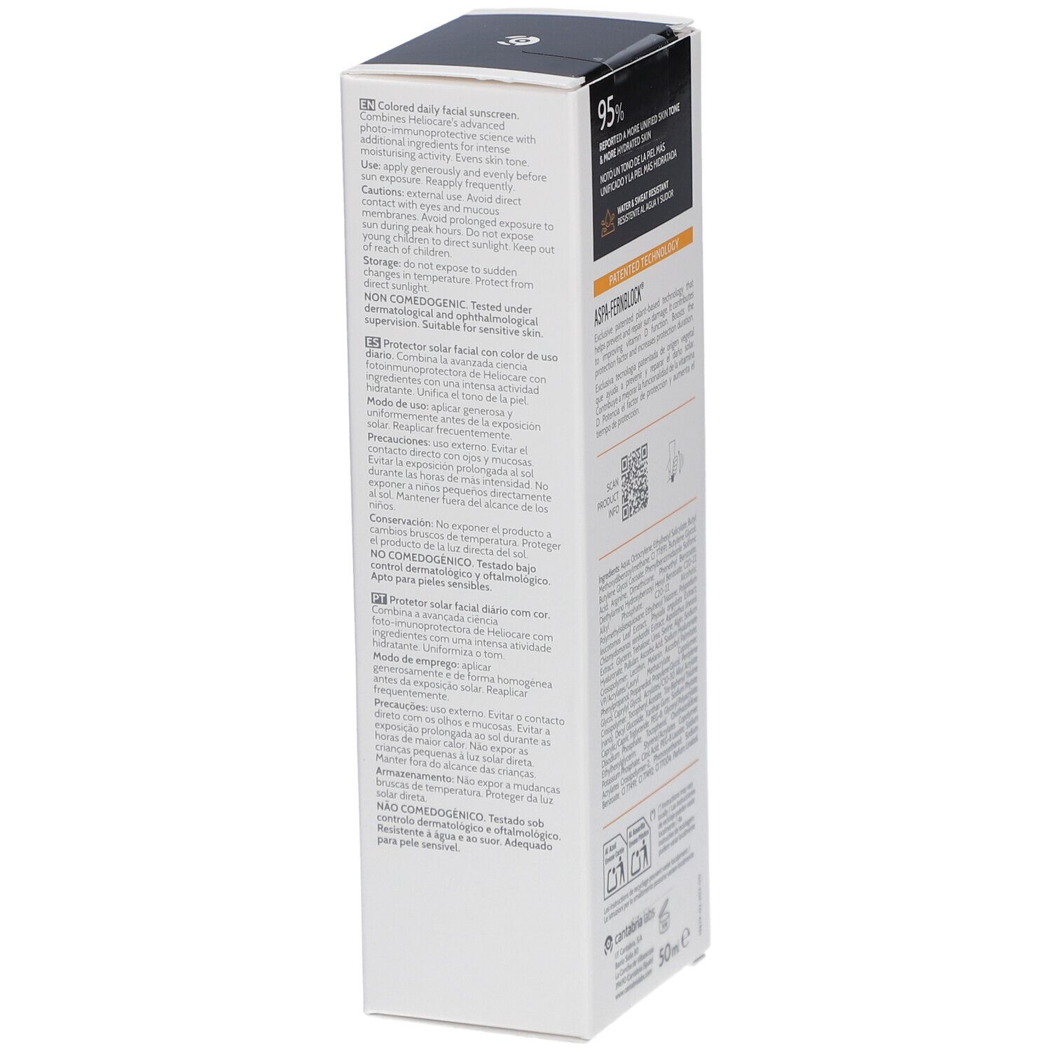 Seite der Heliocare 360° Water Gel Color Beige SPF50+ Verpackung. Text in mehreren Sprachen.