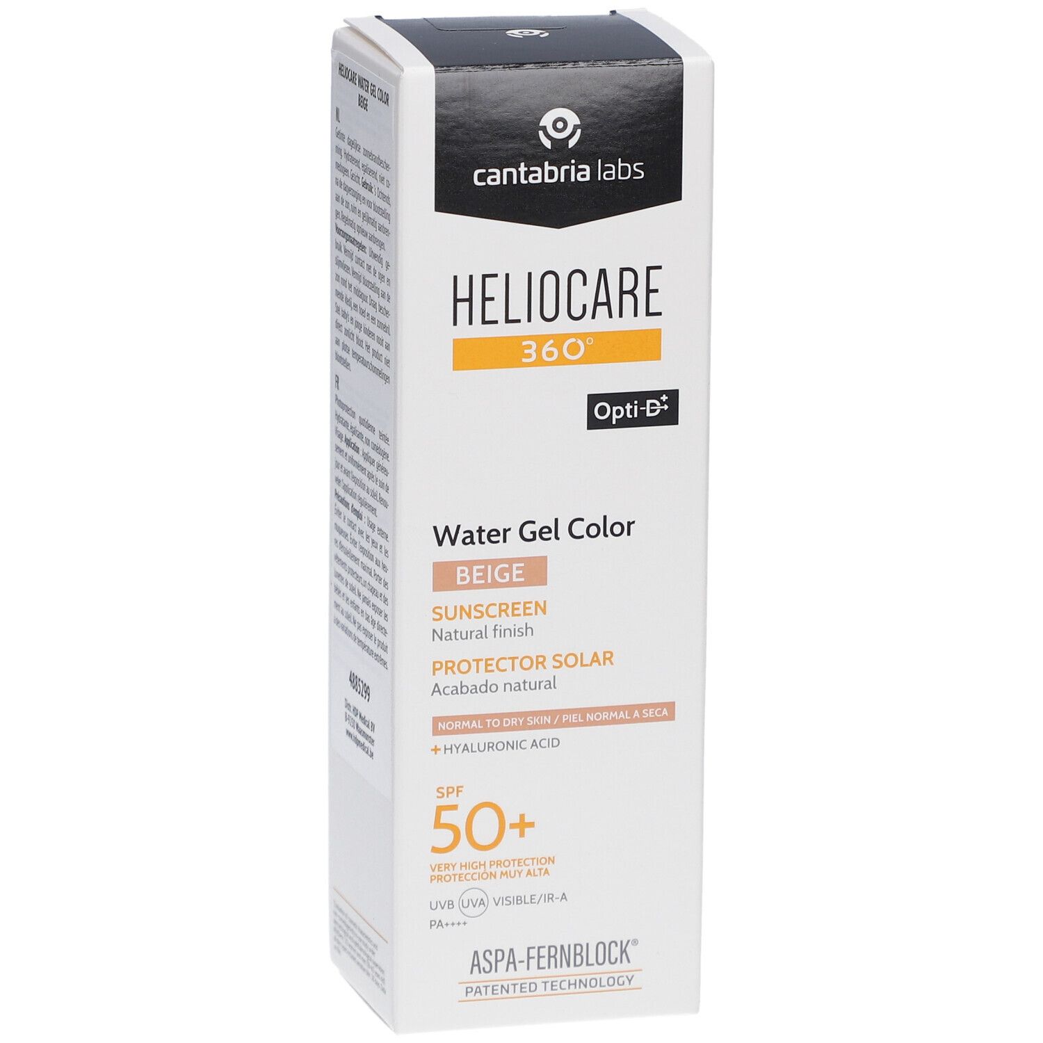 Vorderseite der Heliocare 360° Water Gel Color Beige SPF50+ Verpackung. Produktname und Logo.
