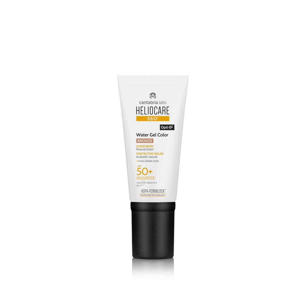 Tube Heliocare 360° Water Gel Color Bronze SPF50+. Witte tube met zwarte dop.