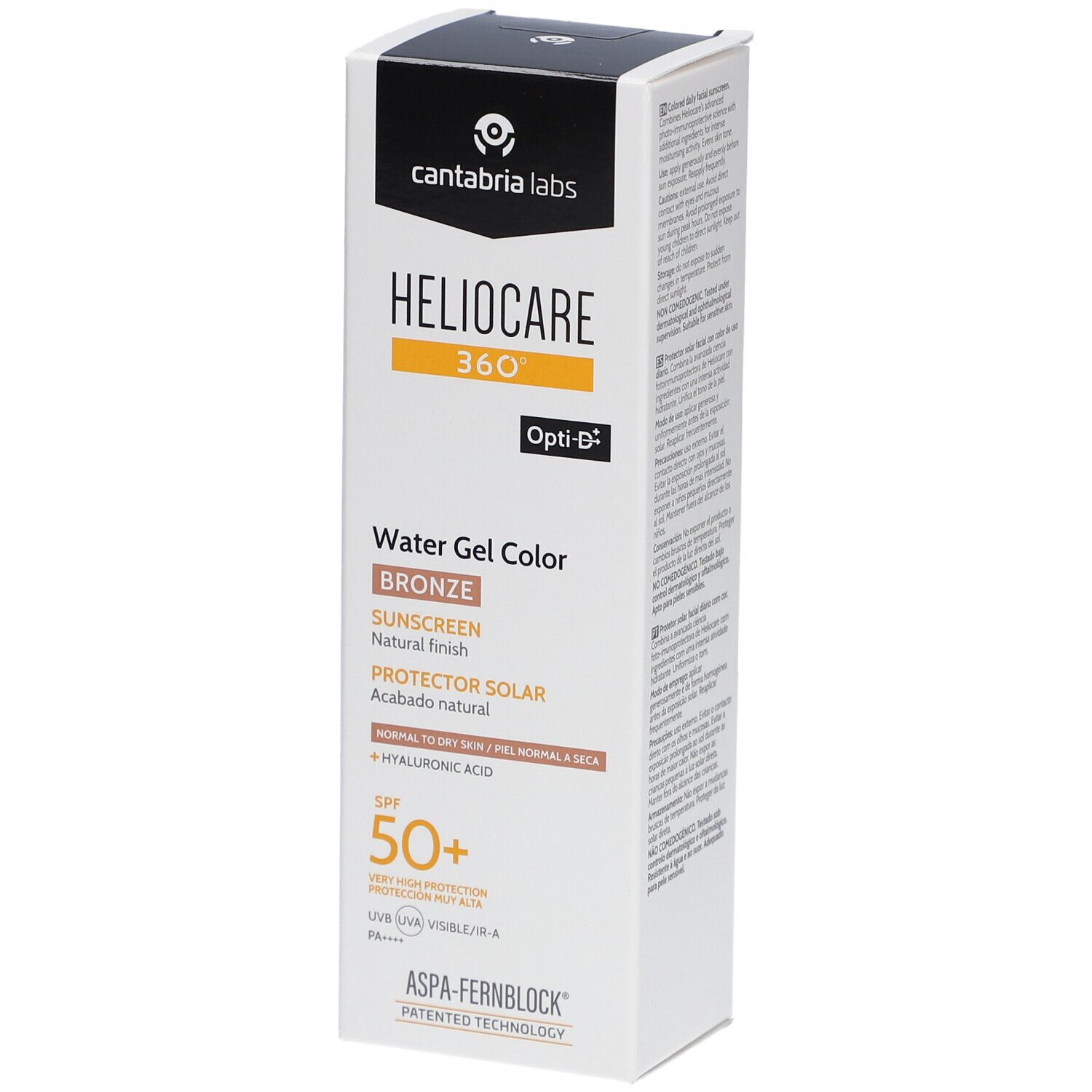 Verpakking Heliocare 360° Water Gel Color Bronze SPF50+. Witte doos met productinfo en logo.