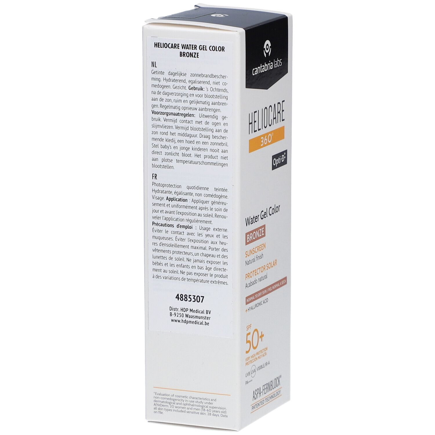 Achterkant verpakking Heliocare 360° Water Gel Color Bronze SPF50+. Tekst in meerdere talen.