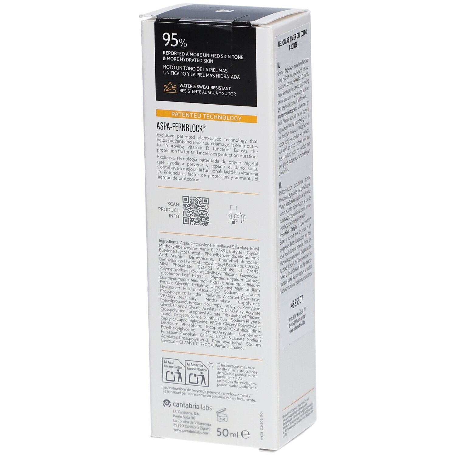 Zijkant verpakking Heliocare 360° Water Gel Color Bronze SPF50+. Tekst en QR-code.