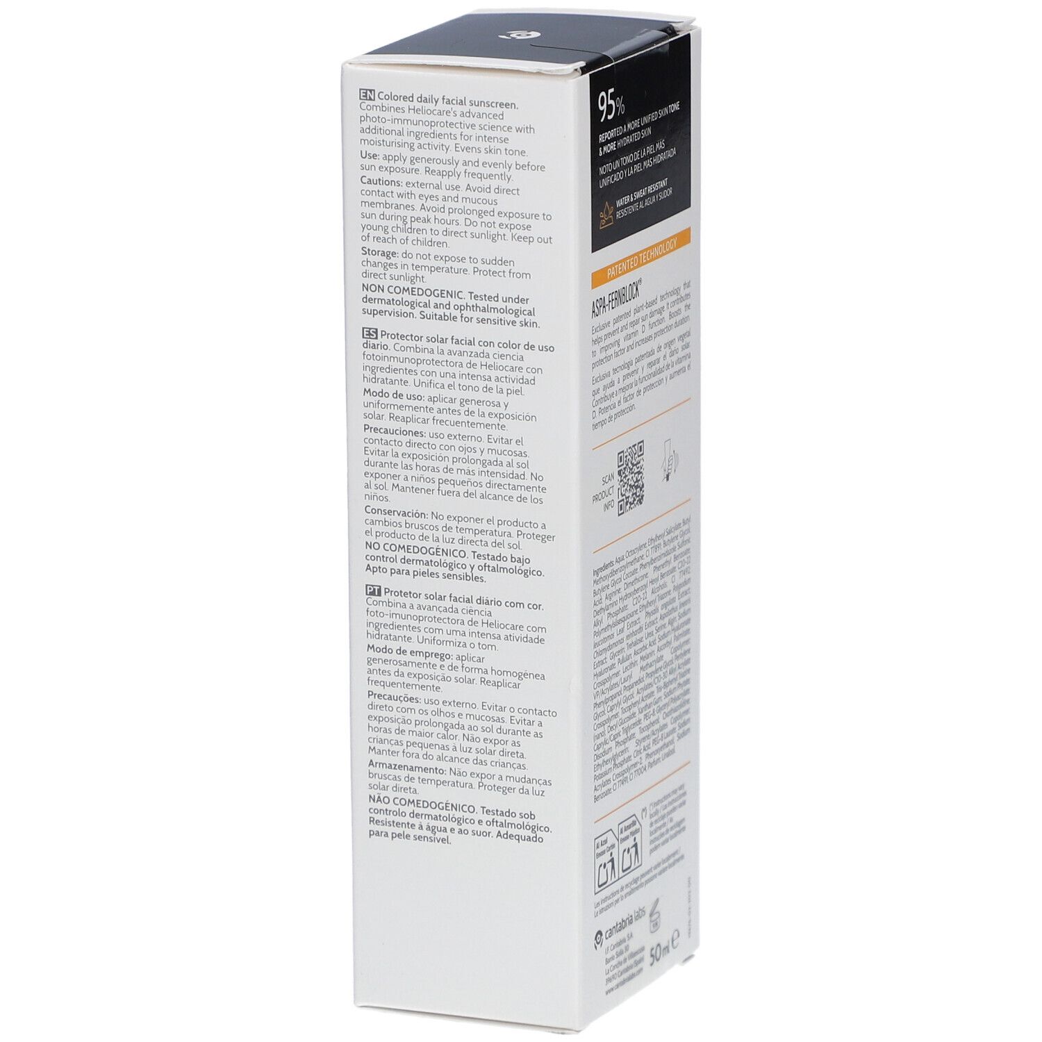 Zijkant verpakking Heliocare 360° Water Gel Color Bronze SPF50+. Tekst en QR-code.