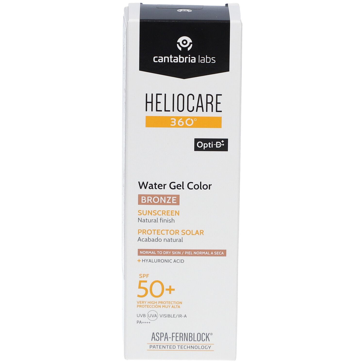 Verpakking Heliocare 360° Water Gel Color Bronze SPF50+. Witte doos met productinfo en logo.