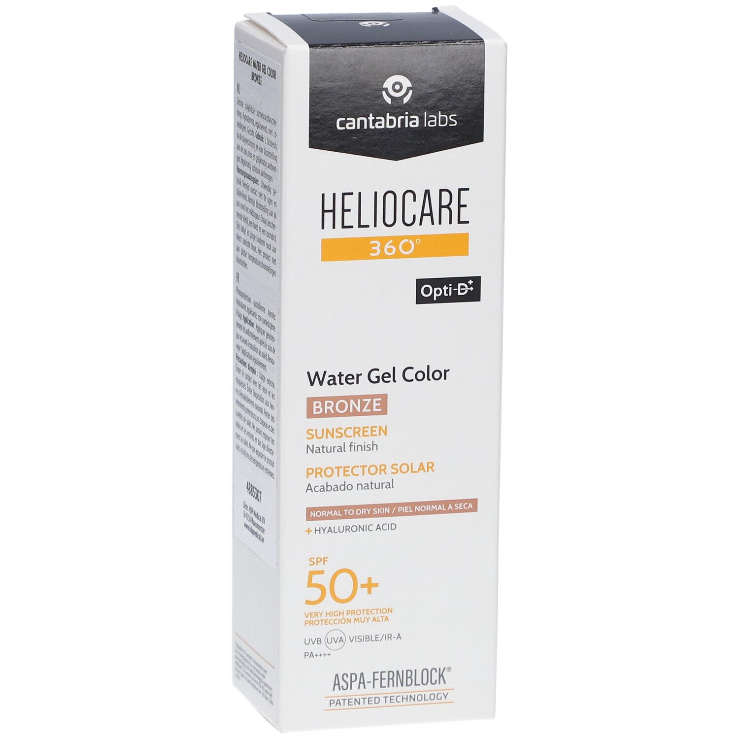 Verpakking Heliocare 360° Water Gel Color Bronze SPF50+. Witte doos met productinfo en logo.