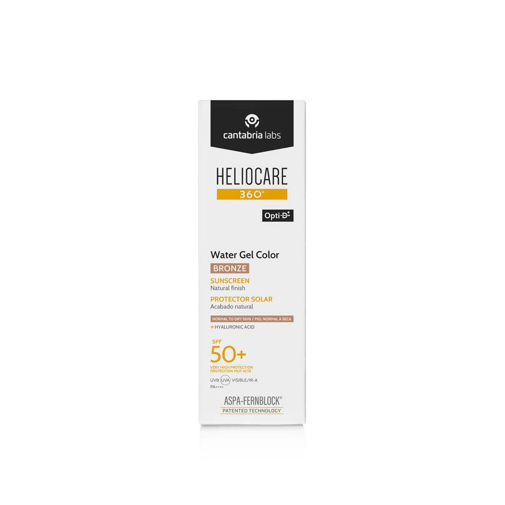 Verpakking Heliocare 360° Water Gel Color Bronze SPF50+. Witte doos met productinfo en logo.
