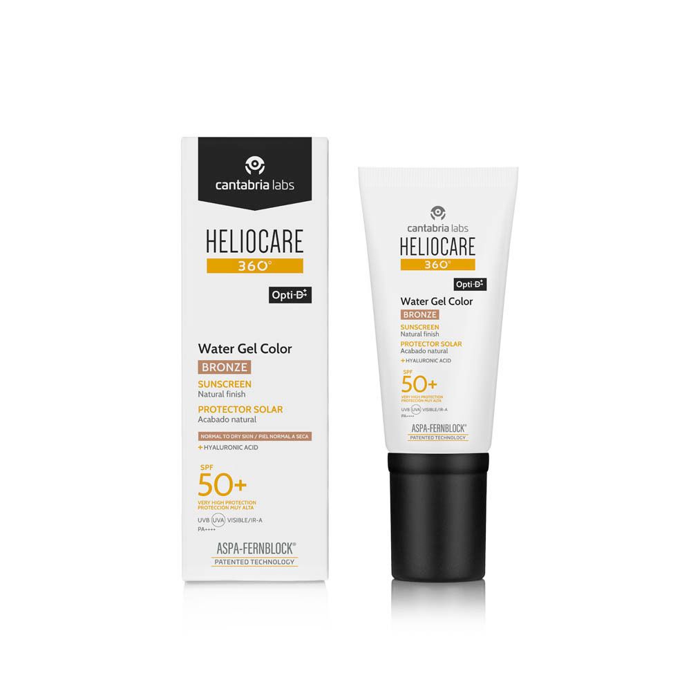 Tube en verpakking Heliocare 360° Water Gel Color Bronze SPF50+. Producten naast elkaar.