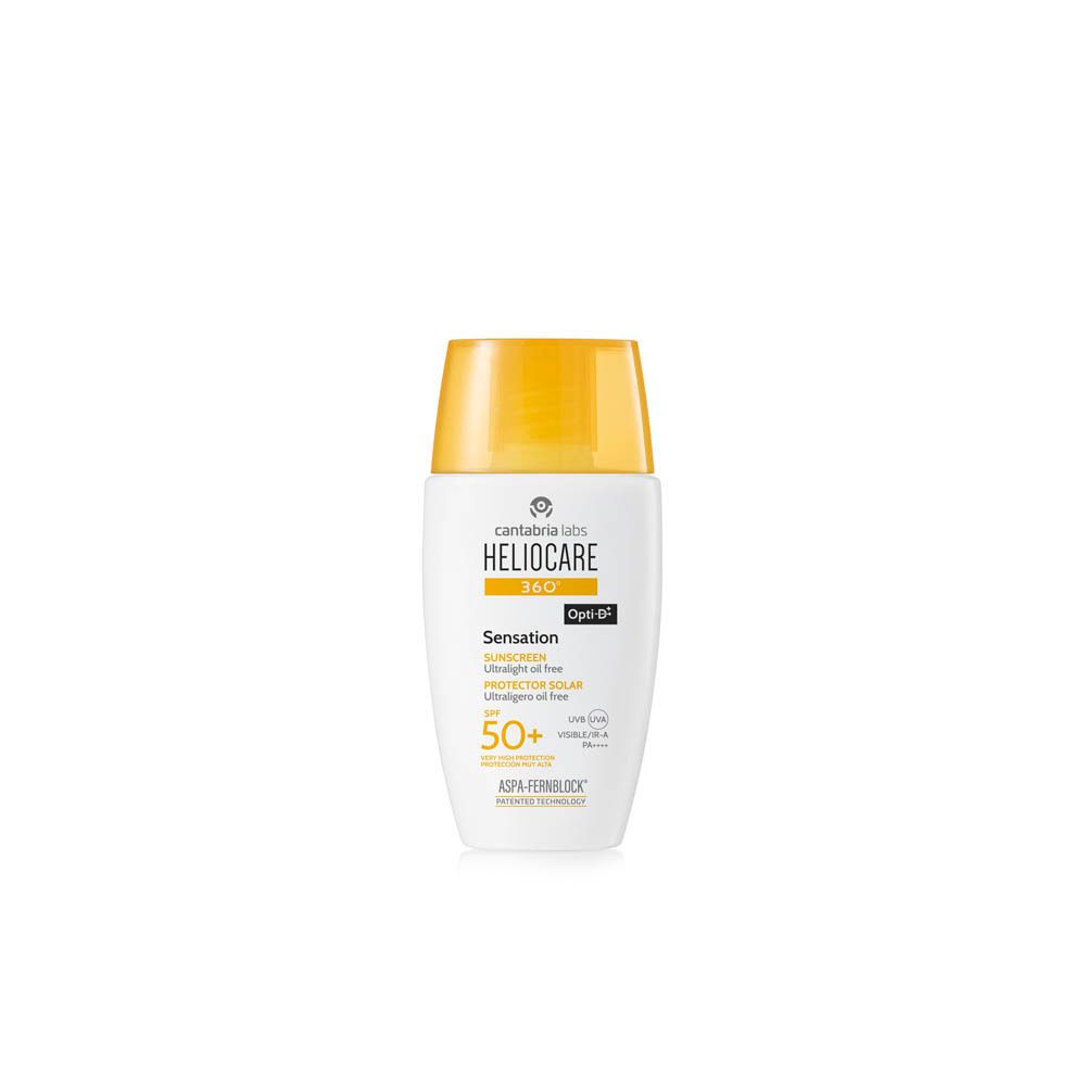 Flacon Heliocare 360° Sensation SPF 50+. Blanc avec bouchon jaune. Texte : Heliocare, SPF 50+, Opti-D.
