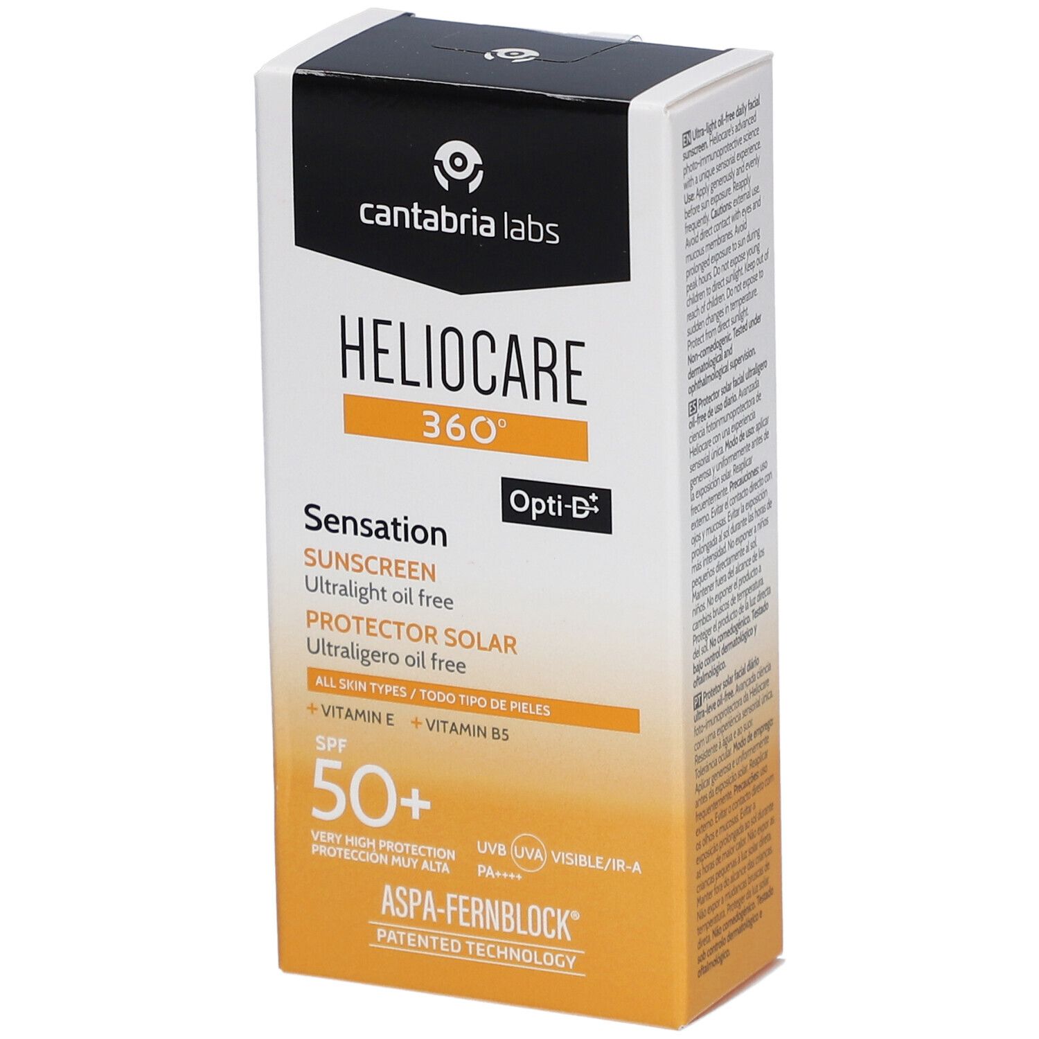 Heliocare 360° Sensation SPF 50+ Sonnencreme-Verpackung. Weiß, gelb und schwarz. Text: Heliocare, SPF 50+, Opti-D.