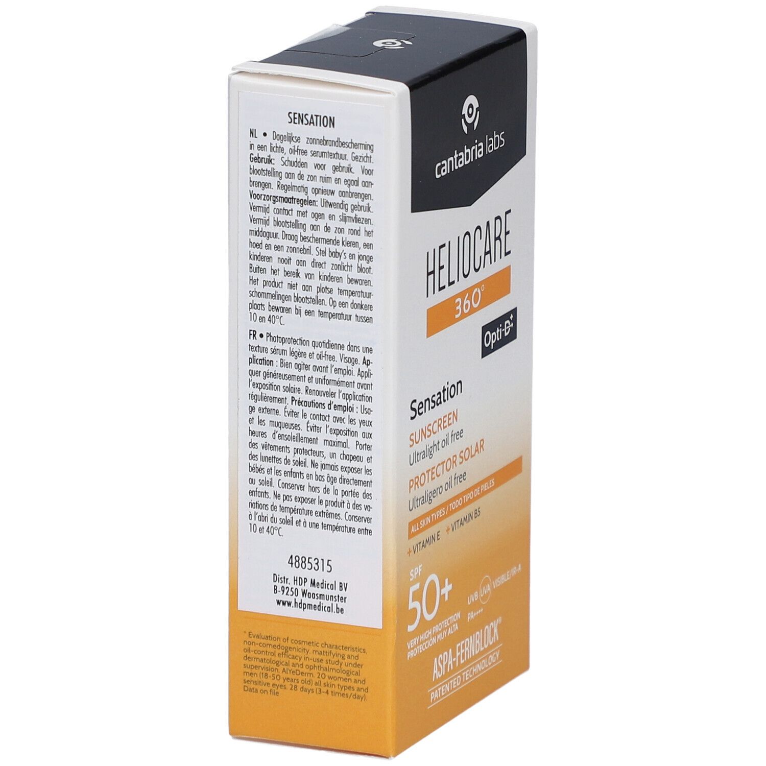 Heliocare 360° Sensation SPF 50+ Sonnencreme-Verpackung. Rückseite mit Text. Weiß, gelb und schwarz. Text: Heliocare, SPF 50+.