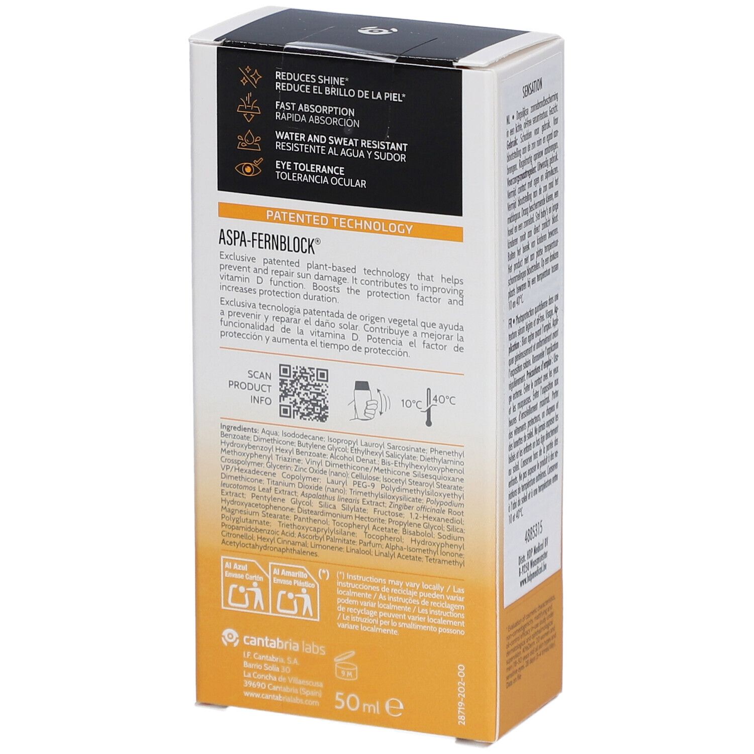 Heliocare 360° Sensation SPF 50+ Sonnencreme-Verpackung. Rückseite mit Text. Weiß, gelb und schwarz. Text: Heliocare, SPF 50+.