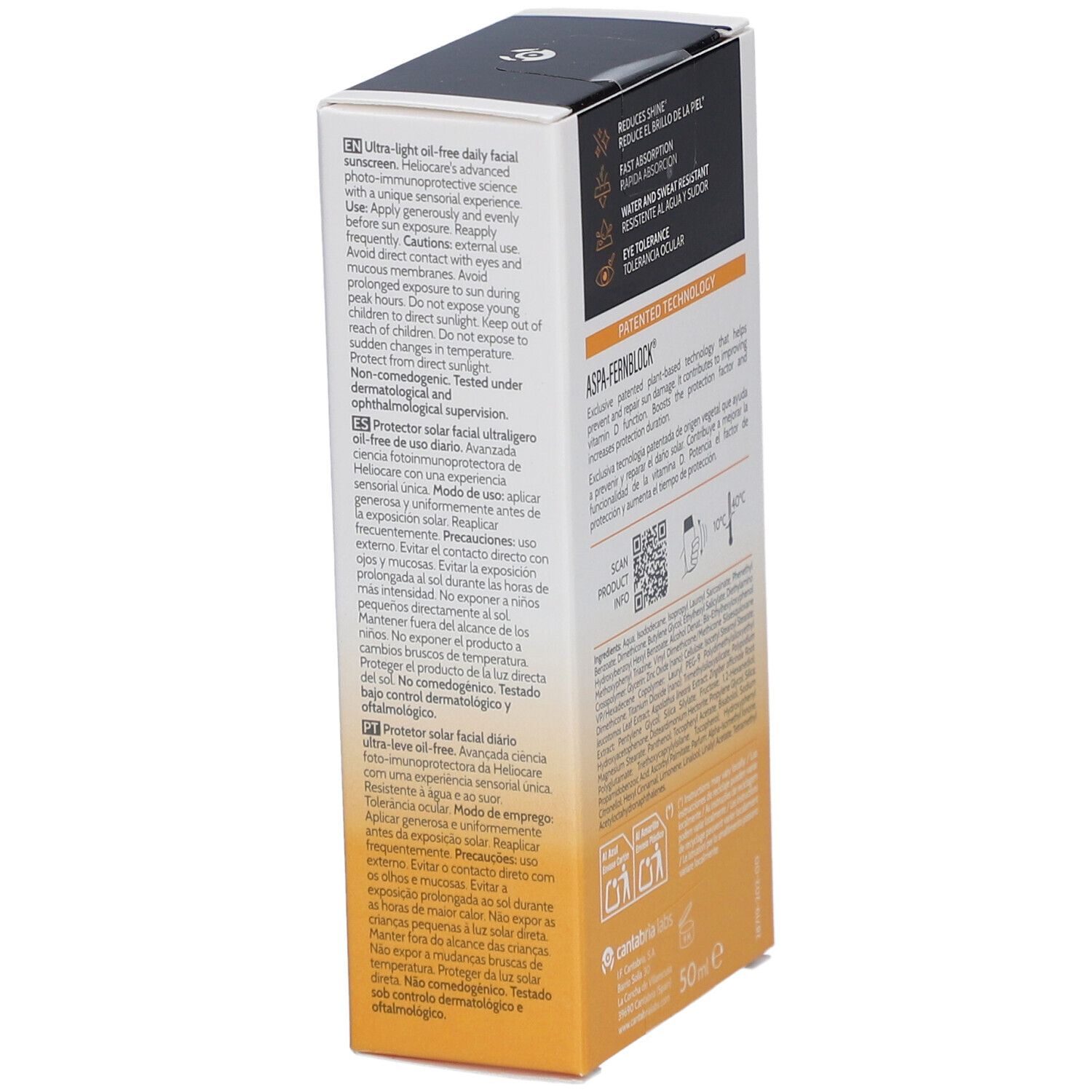 Heliocare 360° Sensation SPF 50+ Sonnencreme-Verpackung. Rückseite mit Text. Weiß, gelb und schwarz. Text: Heliocare, SPF 50+.