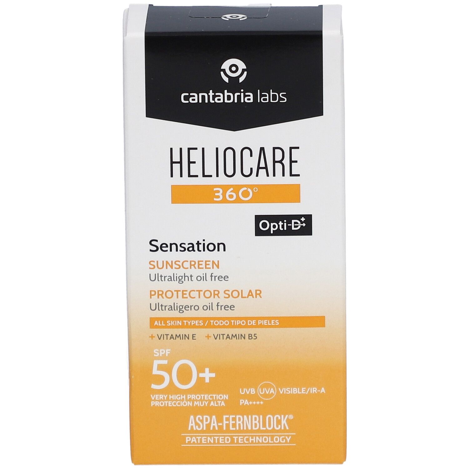 Heliocare 360° Sensation SPF 50+ Sonnencreme-Verpackung. Vorderseite. Weiß, gelb und schwarz. Text: Heliocare, SPF 50+, Opti-D.