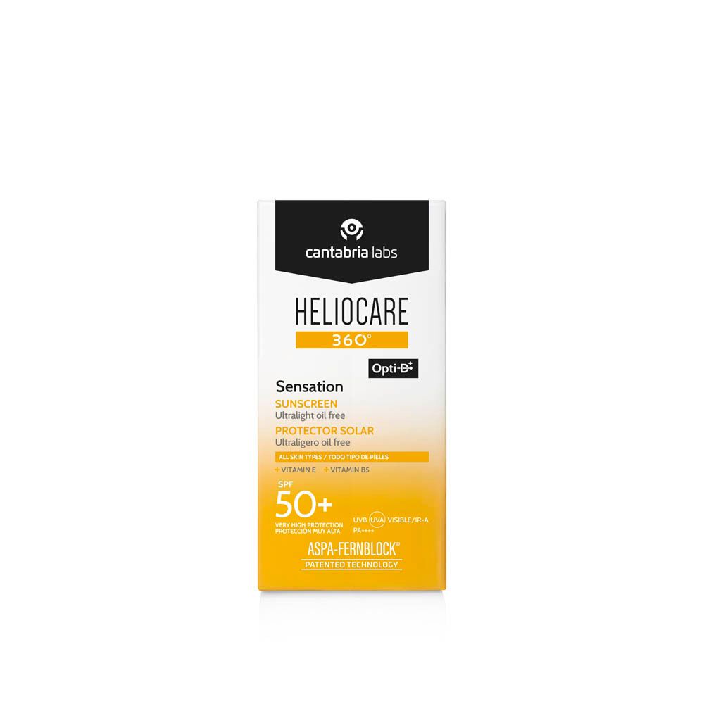 Emballage Heliocare 360° Sensation SPF 50+. Blanc, jaune et noir. Texte : Heliocare, SPF 50+, Opti-D.