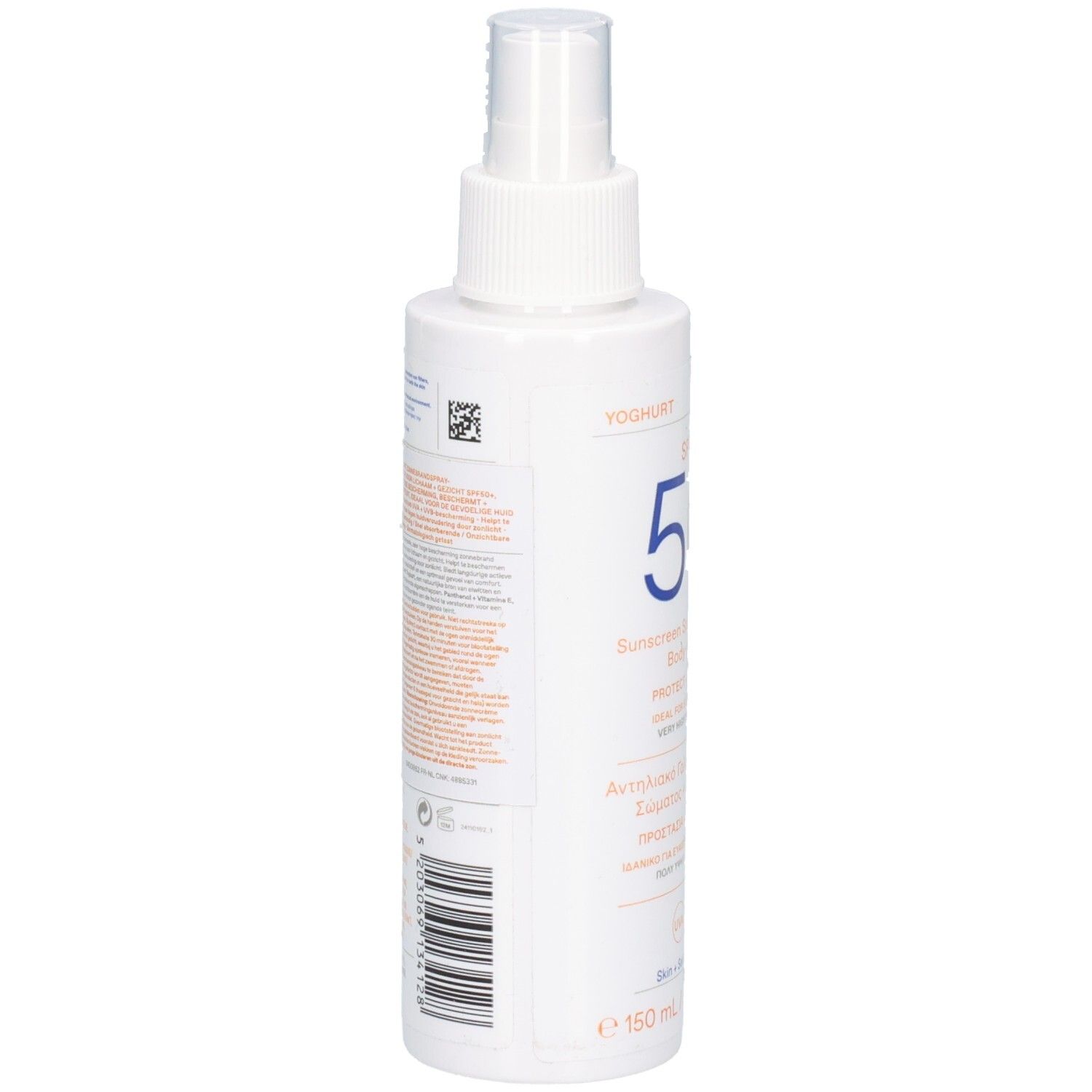 KORRES Sonnenspray-Emulsion SPF50+, Rückseite mit Inhaltsstoffen und Barcode.