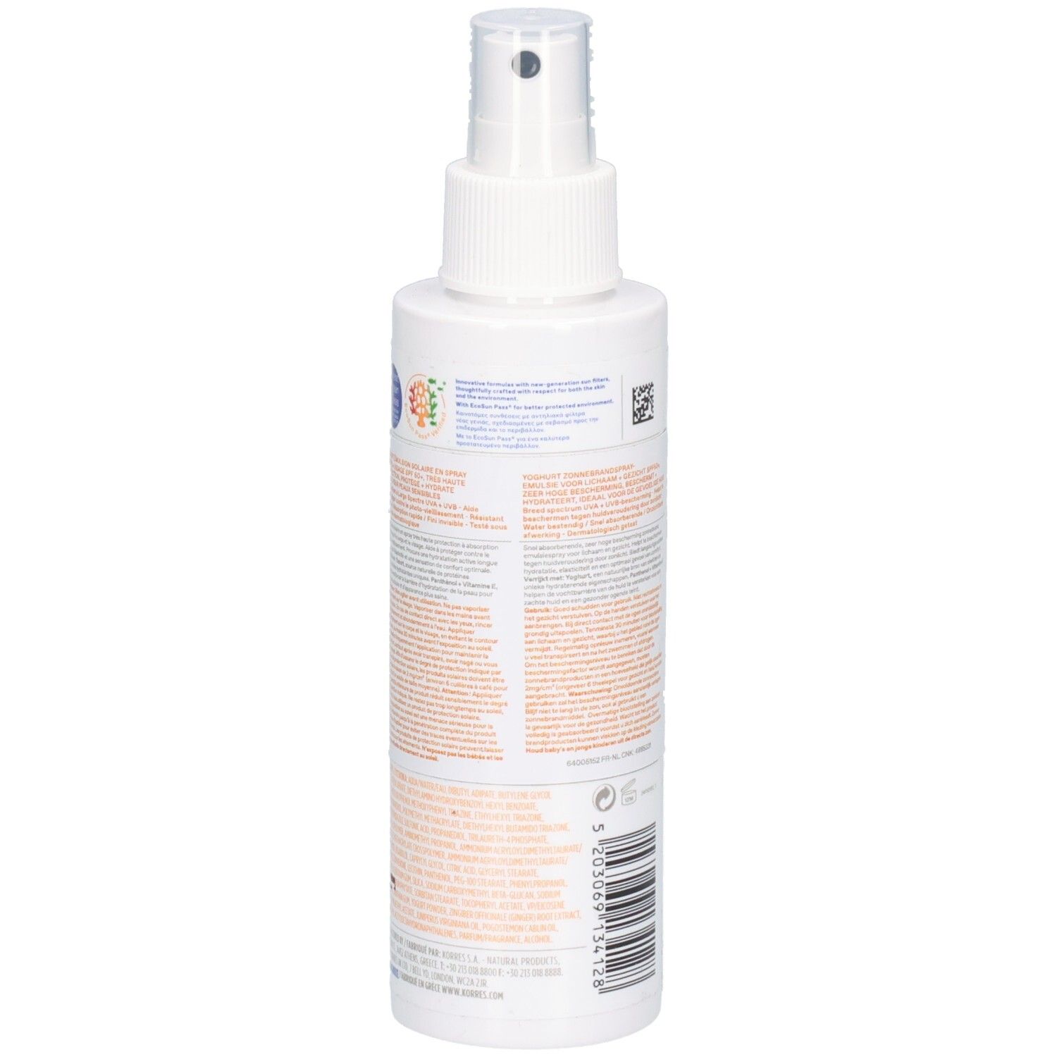 KORRES Sonnenspray-Emulsion SPF50+, Seitenansicht mit detaillierten Informationen.