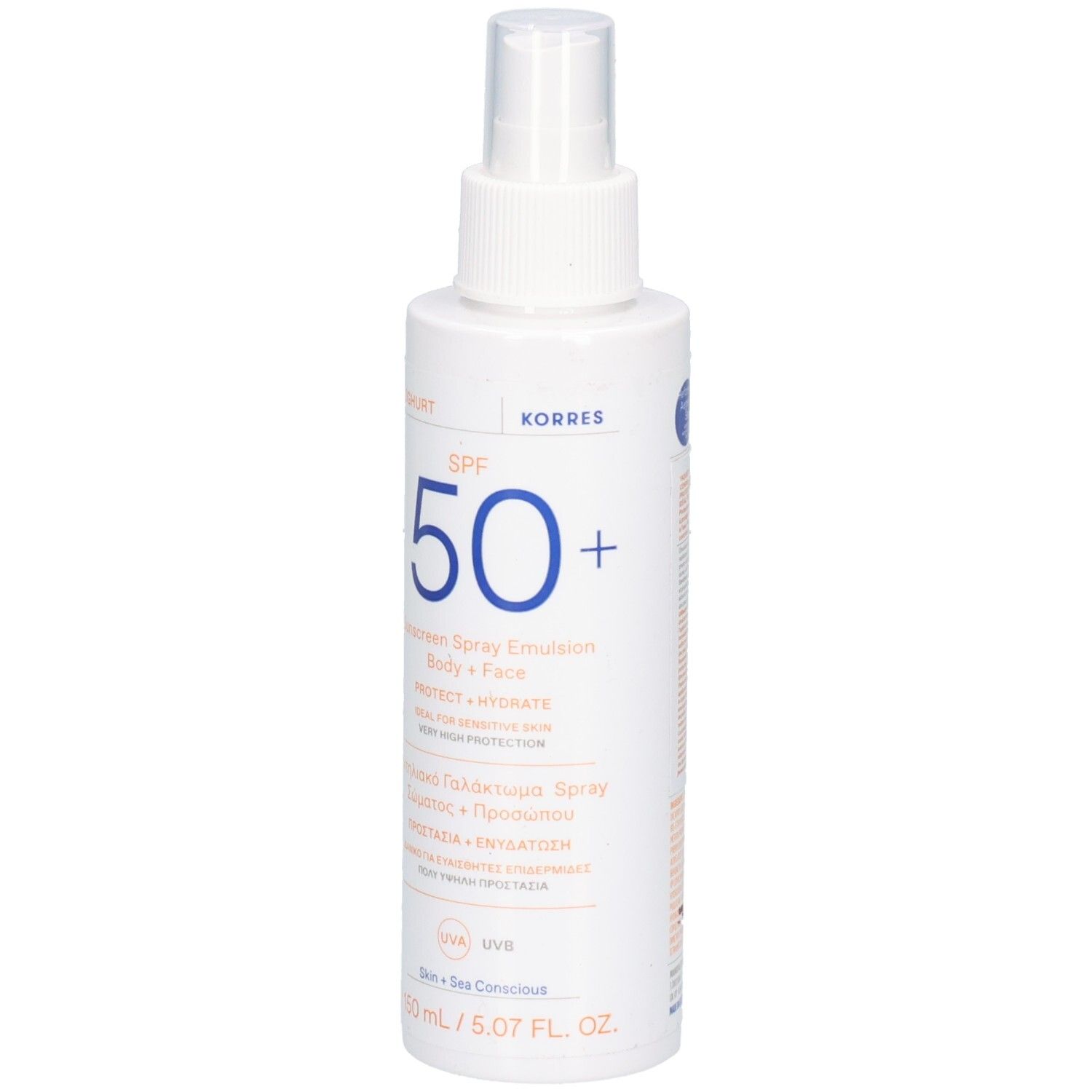 KORRES Sonnenspray-Emulsion SPF50+ für Gesicht und Körper, mit griechischer Beschriftung.
