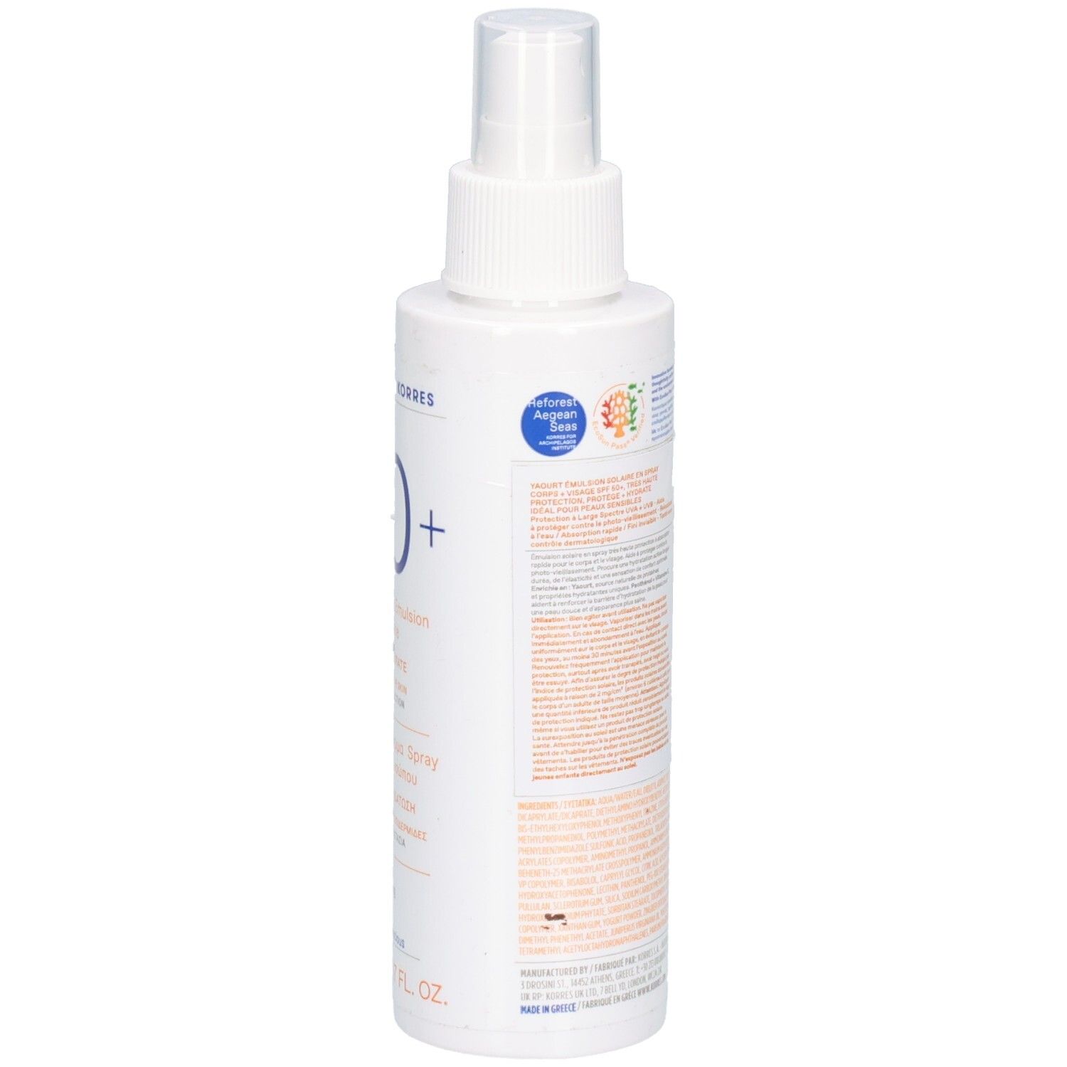 KORRES Sonnenspray-Emulsion SPF50+, Seitenansicht mit Siegeln und Text.
