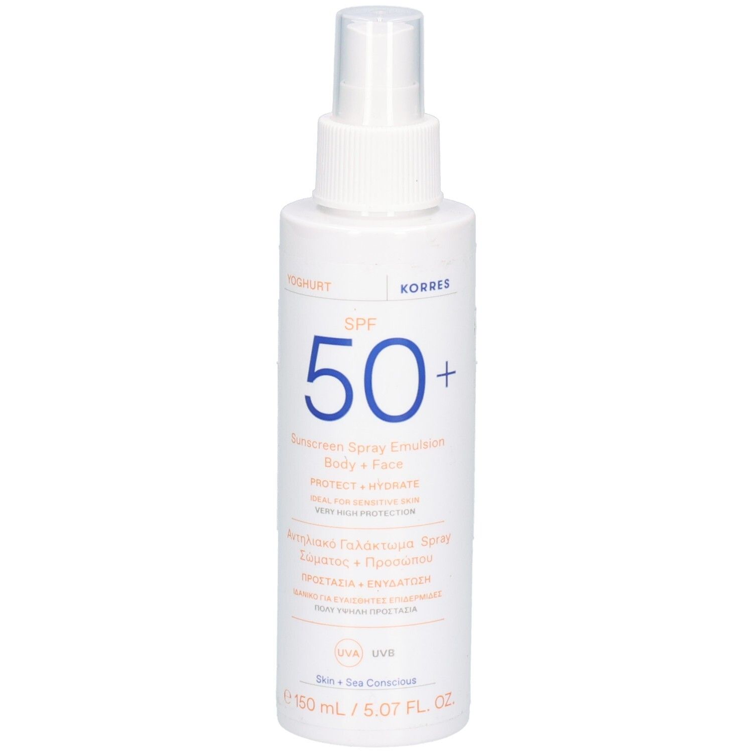 KORRES Sonnenspray-Emulsion SPF50+, Vorderseite mit Produktinformationen.