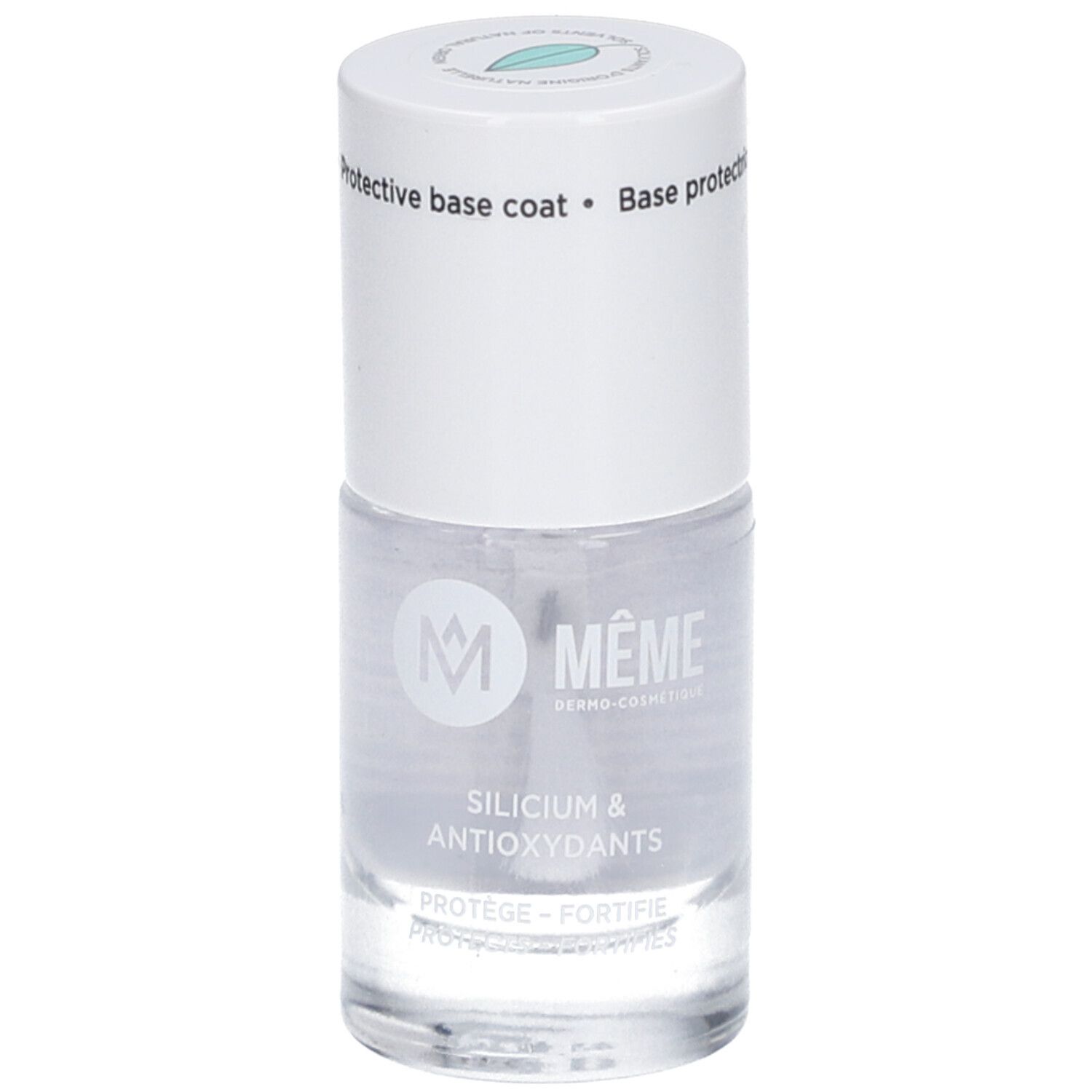 Flacon de vernis à ongles transparent avec bouchon blanc. Inscription: Silicium & Antioxydants. Marque: MÊME.