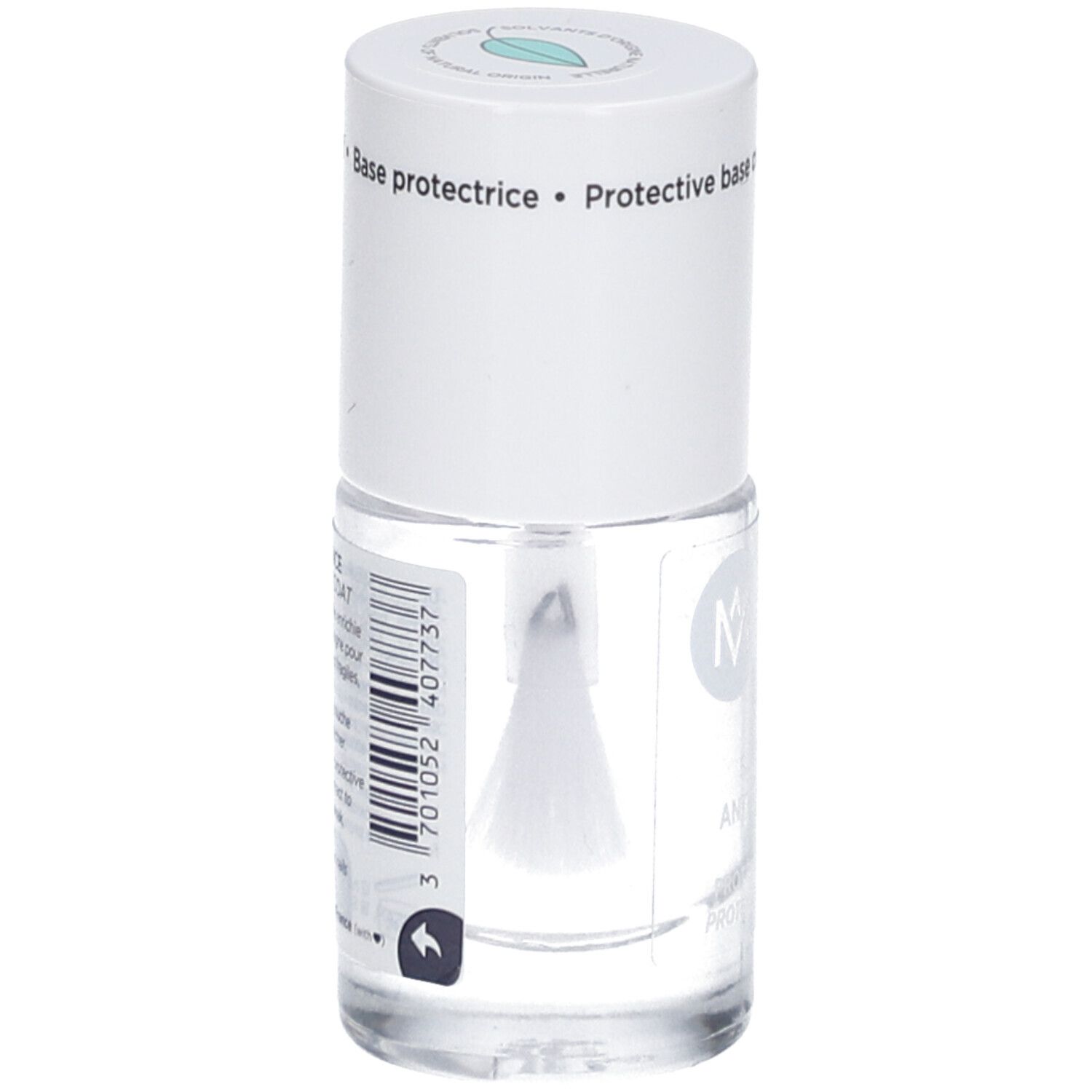 Flacon de vernis à ongles avec pinceau. Bouchon blanc. Inscription: Base protectrice. Marque: MÊME.