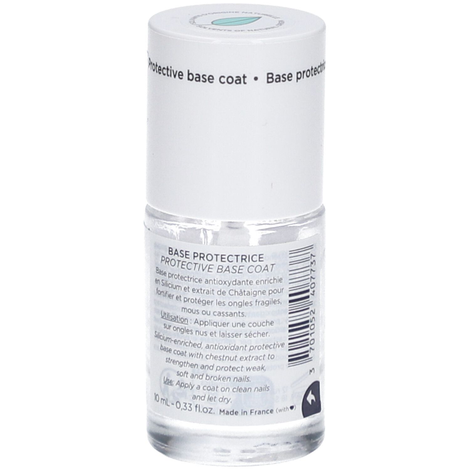 Flacon de vernis à ongles avec pinceau et texte. Bouchon blanc. Inscription: Base protectrice. Marque: MÊME.