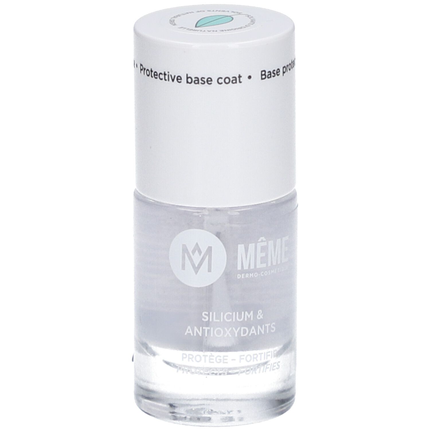 Flacon de vernis à ongles transparent avec bouchon blanc. Inscription: Silicium & Antioxydants. Marque: MÊME.
