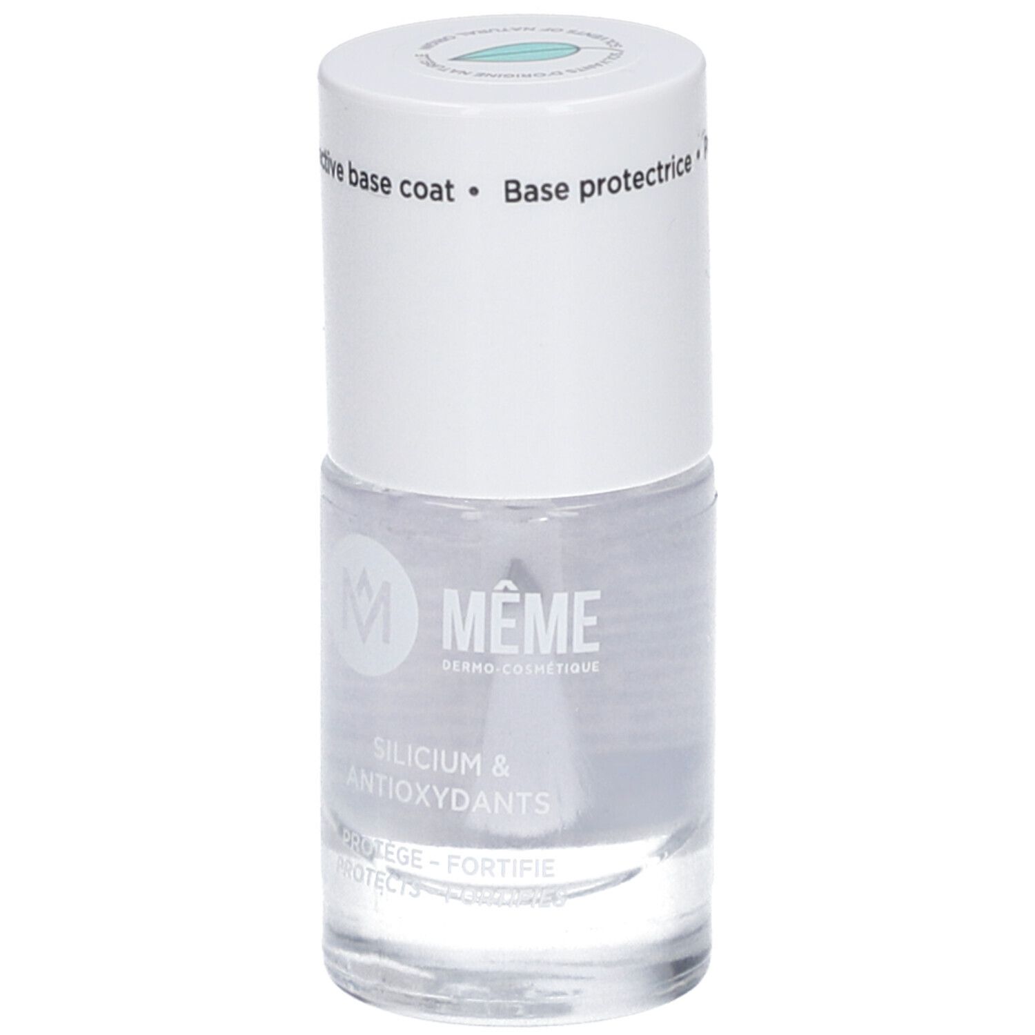 Flacon de vernis à ongles transparent avec bouchon blanc. Inscription: Silicium & Antioxydants. Marque: MÊME.