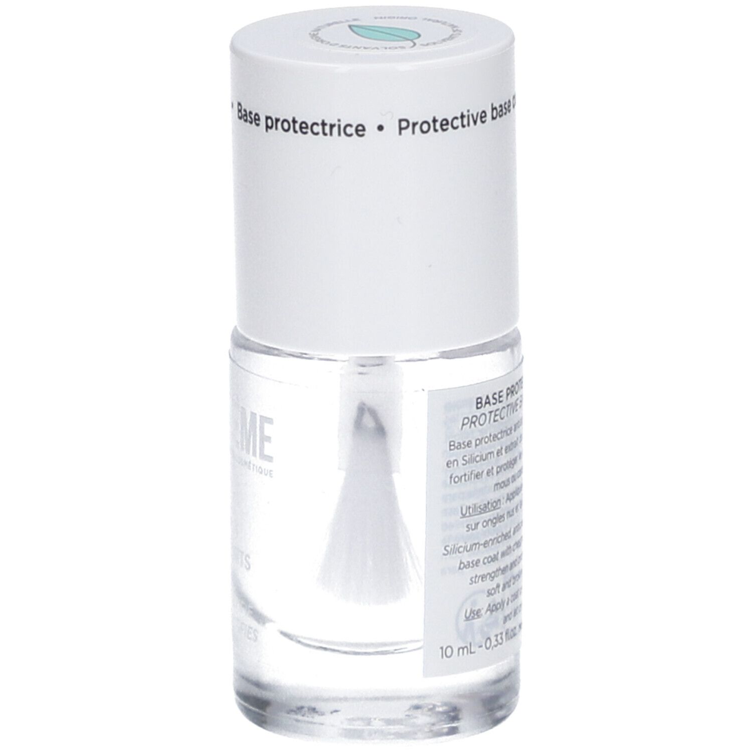 Flacon de vernis à ongles avec pinceau et texte. Bouchon blanc. Inscription: Base protectrice. Marque: MÊME.