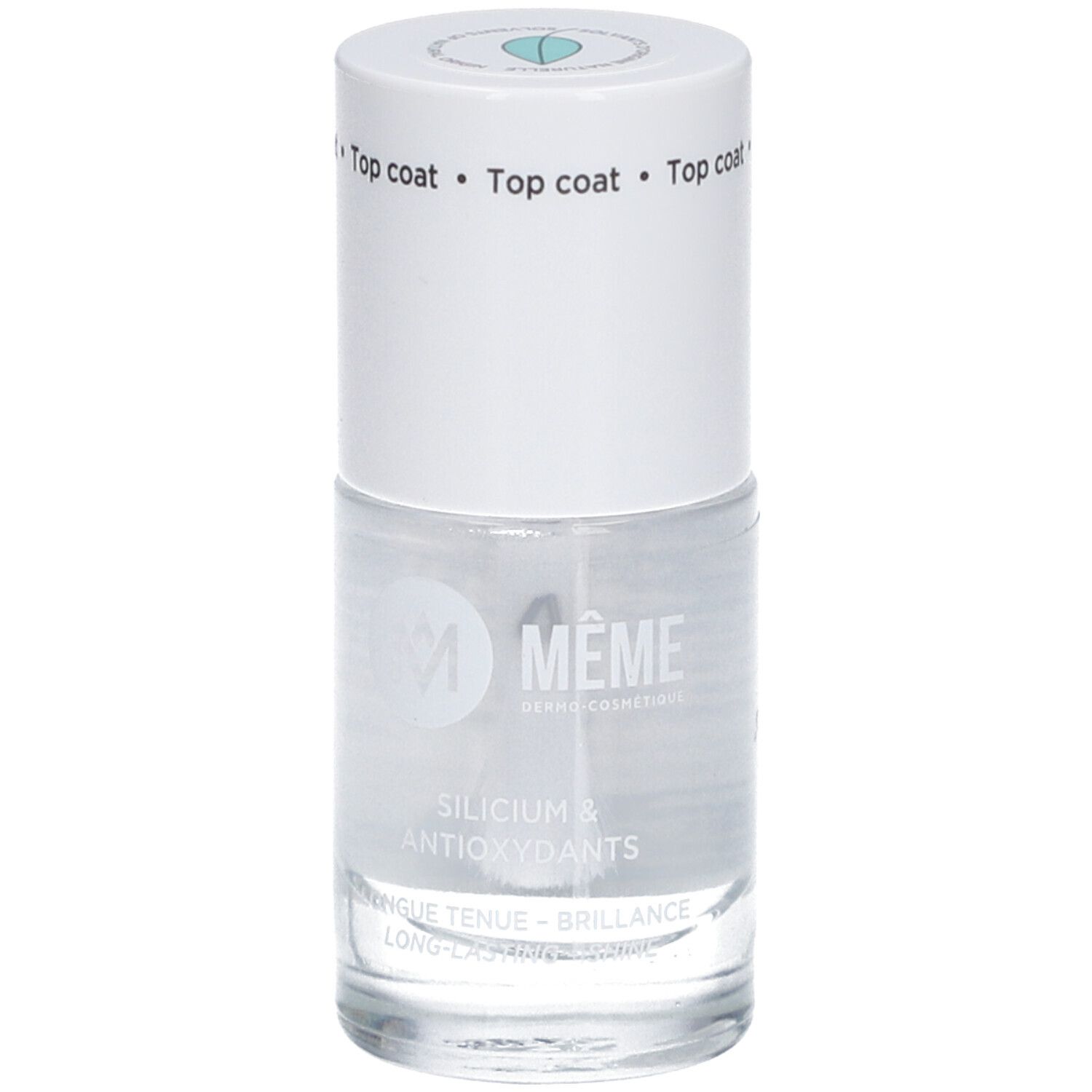 Klare Nagellackflasche mit weißem Deckel. Aufschrift: Top Coat. Produktname: MEME. Enthält Silizium und Antioxidantien.