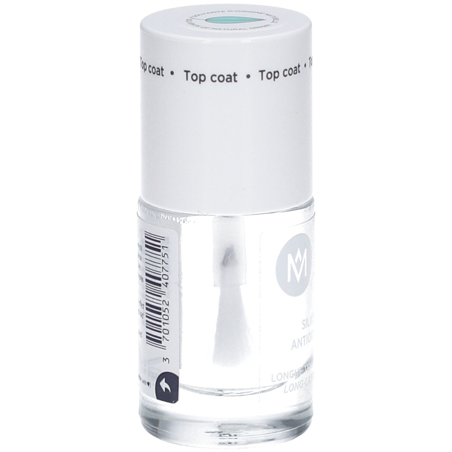 Klare Nagellackflasche mit weißem Deckel. Aufschrift: Top Coat. Produktname: MEME. Enthält Silizium und Antioxidantien. Mit Pinsel.