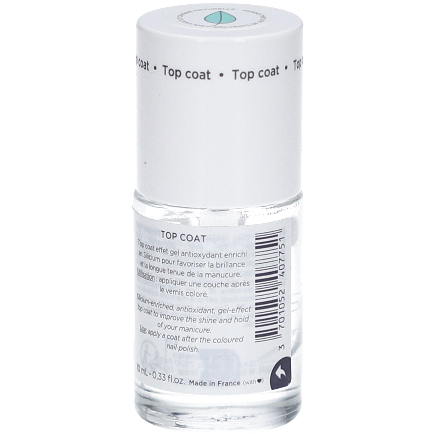 Rückseite einer Nagellackflasche. Text: Top Coat. Enthält Silizium. Für Glanz und Haltbarkeit. 10 ml.