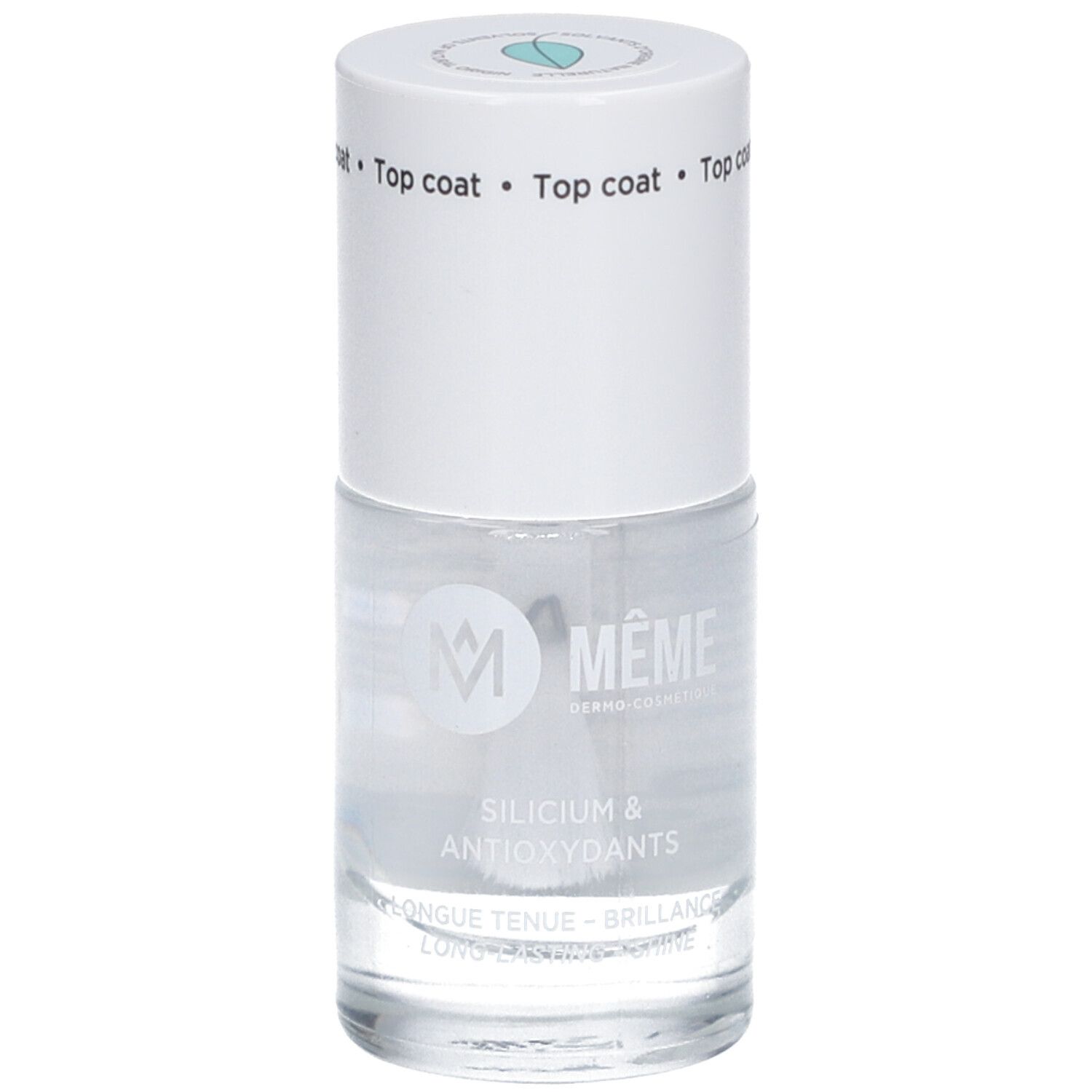 Klare Nagellackflasche mit weißem Deckel. Aufschrift: Top Coat. Produktname: MEME. Enthält Silizium und Antioxidantien.