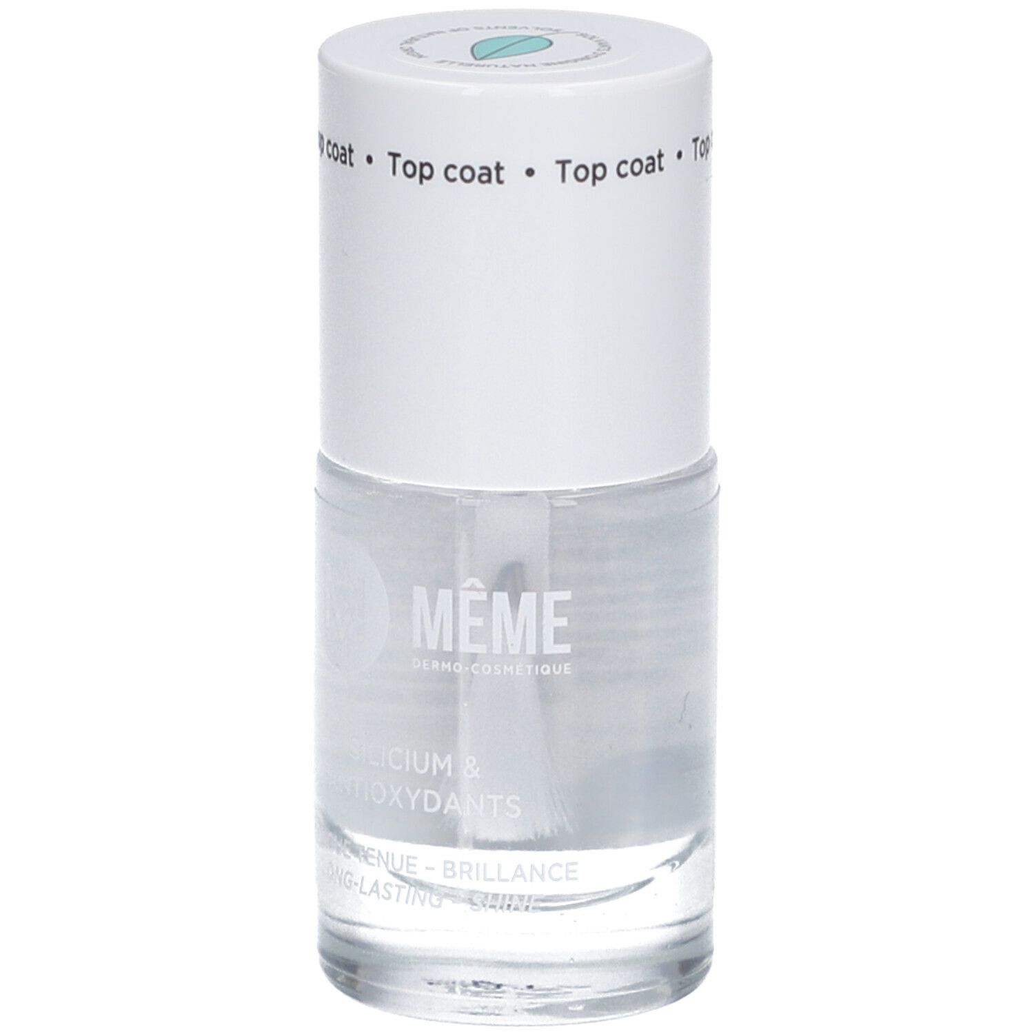 Klare Nagellackflasche mit weißem Deckel. Aufschrift: Top Coat. Produktname: MEME. Enthält Silizium und Antioxidantien. Mit Pinsel.
