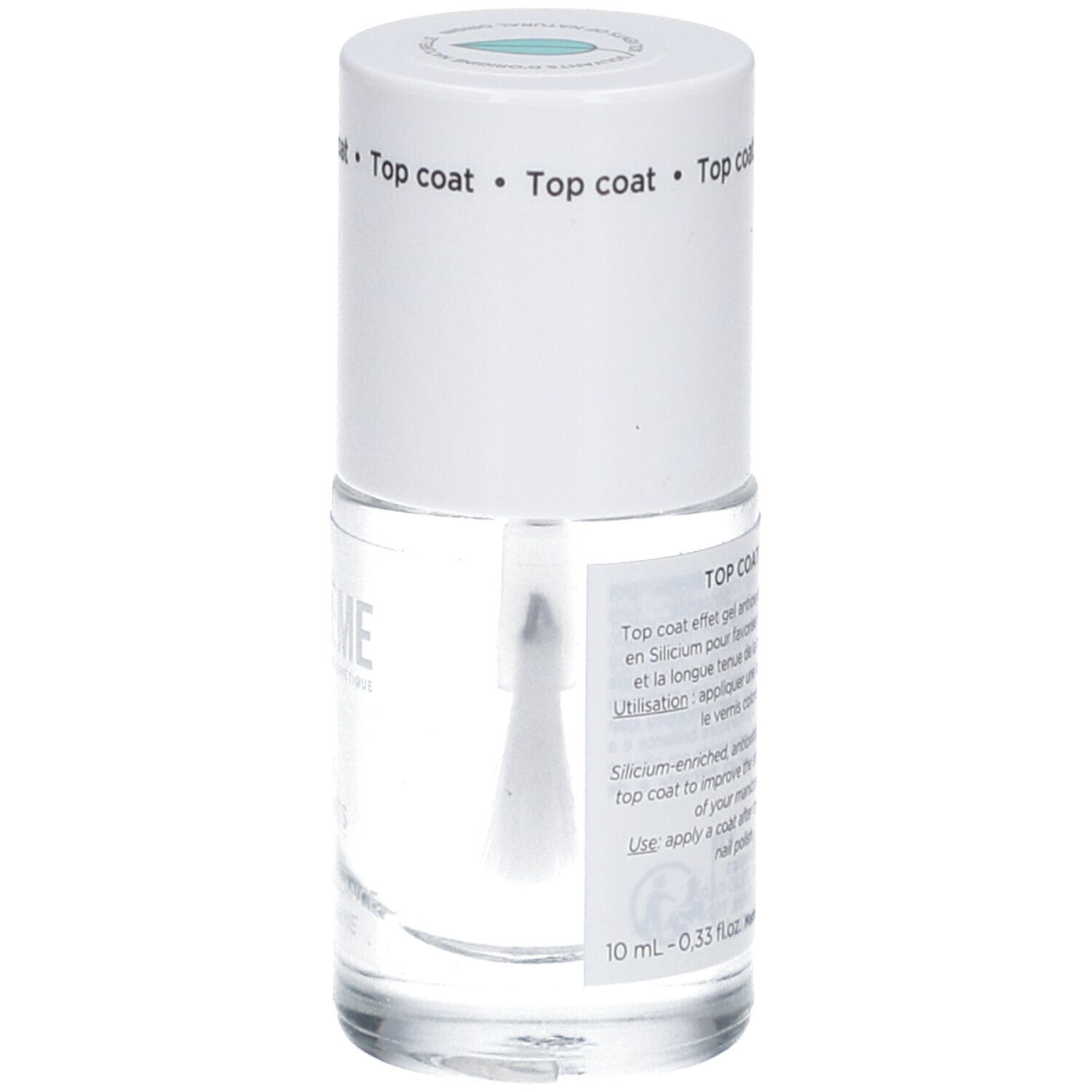 Rückseite einer Nagellackflasche. Text: Top Coat. Enthält Silizium. Für Glanz und Haltbarkeit. 10 ml.