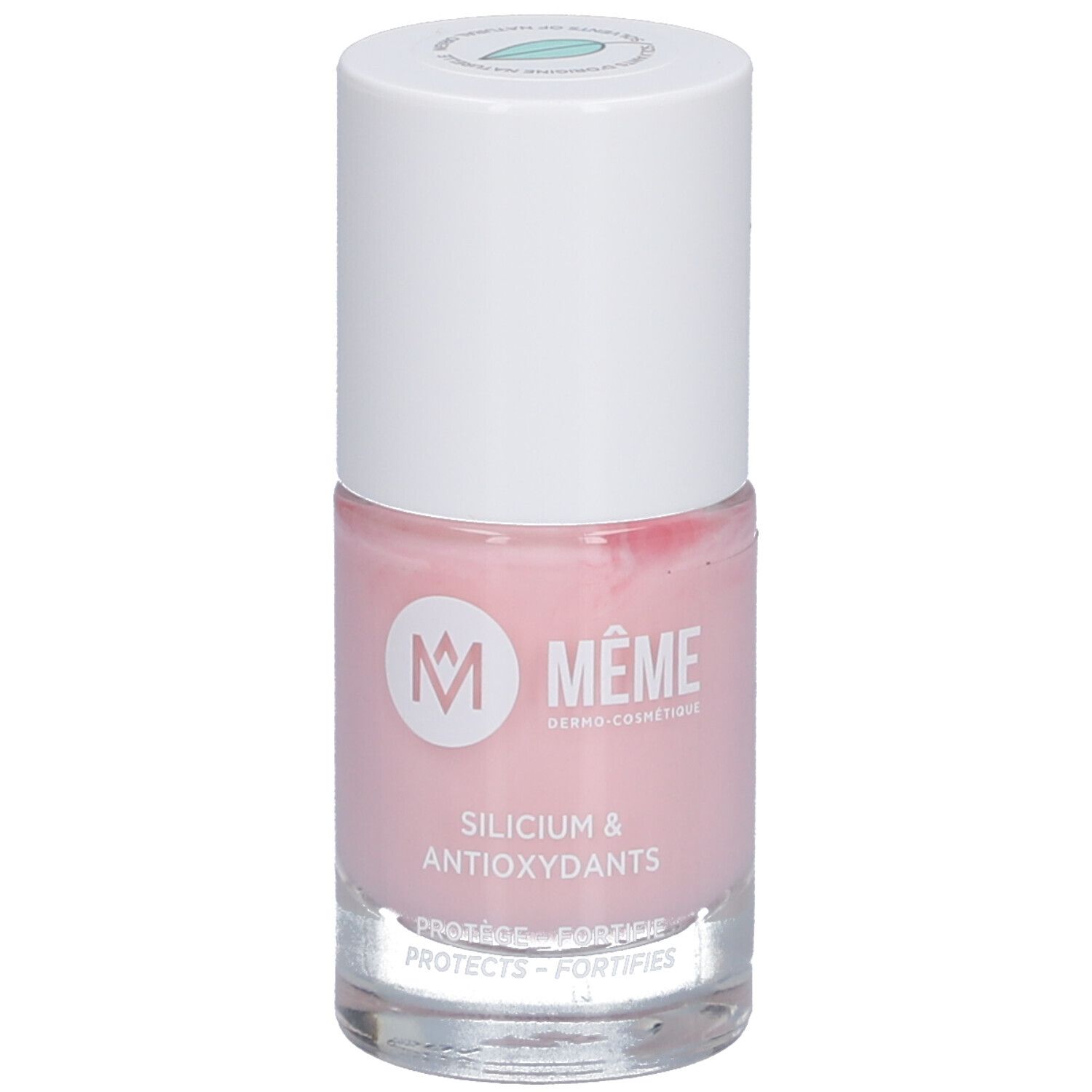 Flacon de vernis à ongles rose avec bouchon blanc. Inscription : MÊME, Silicium & Antioxydants. Protège et fortifie.