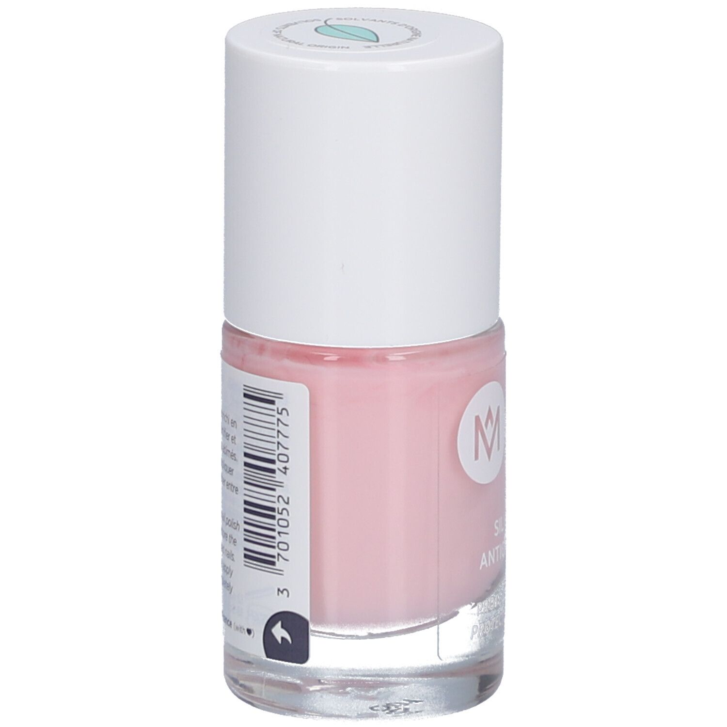 Dos du flacon de vernis à ongles rose avec bouchon blanc. Code-barres et informations produit.