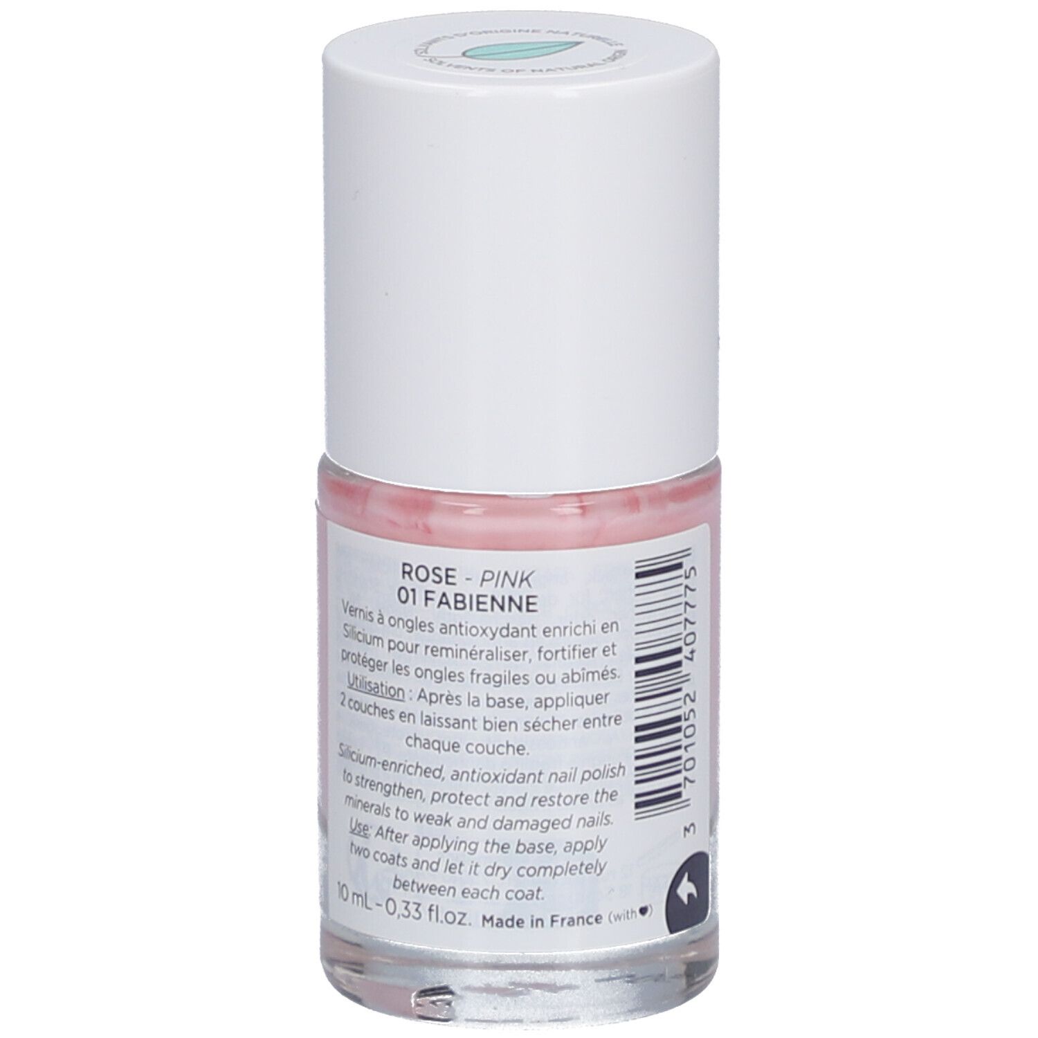 Dos du flacon de vernis à ongles rose avec bouchon blanc. Nom du produit : Rose - Pink 01 Fabienne. Texte.
